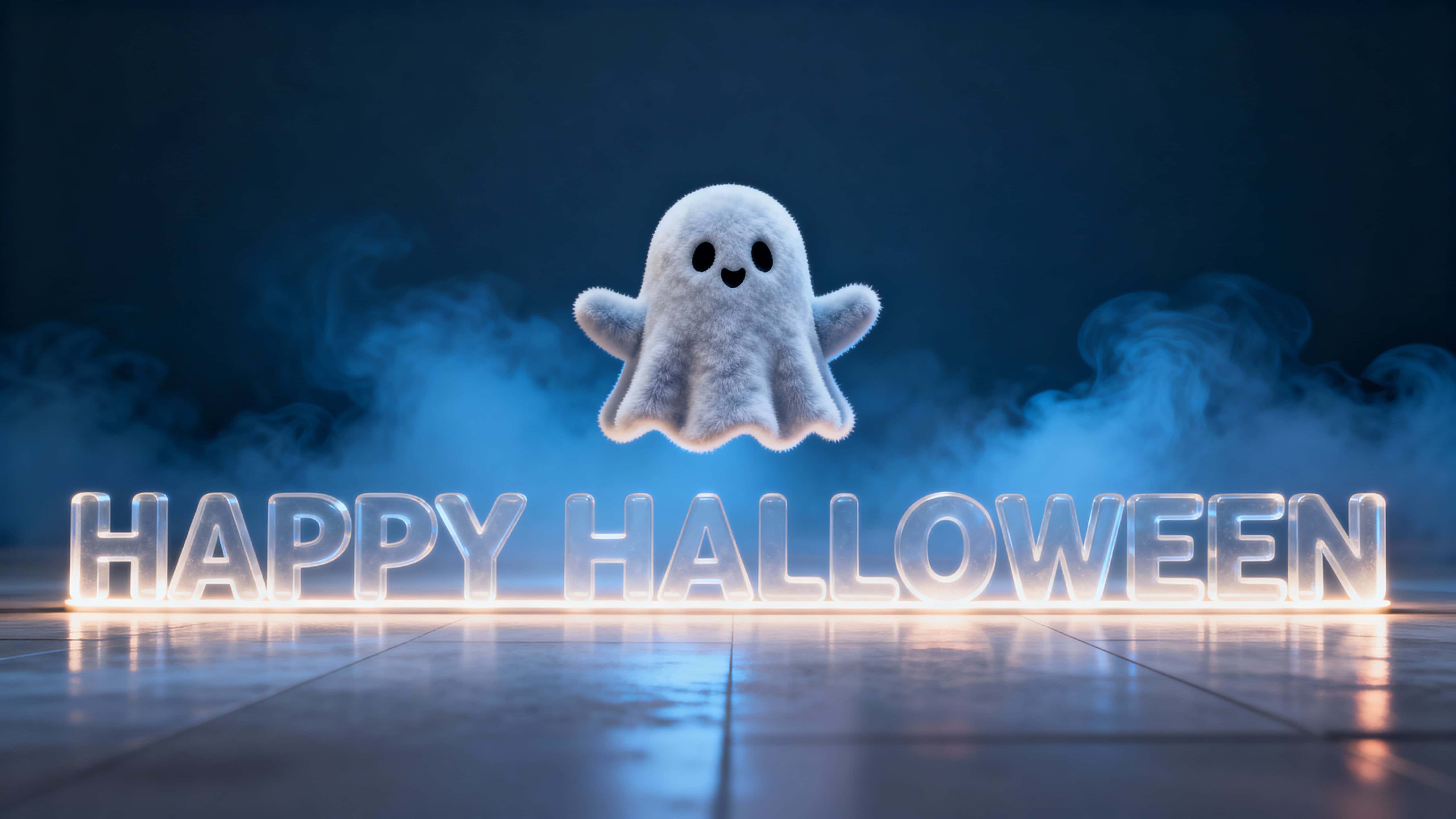 Full-frame 16:9 scene: HAPPY HALLOWEEN extruded in frosted glass with LED edge glow (#FFD966), blue haze (#7FD3FF,#EAF6FF), a velour ghost centered above, charcoal floor (#2B2B2B).