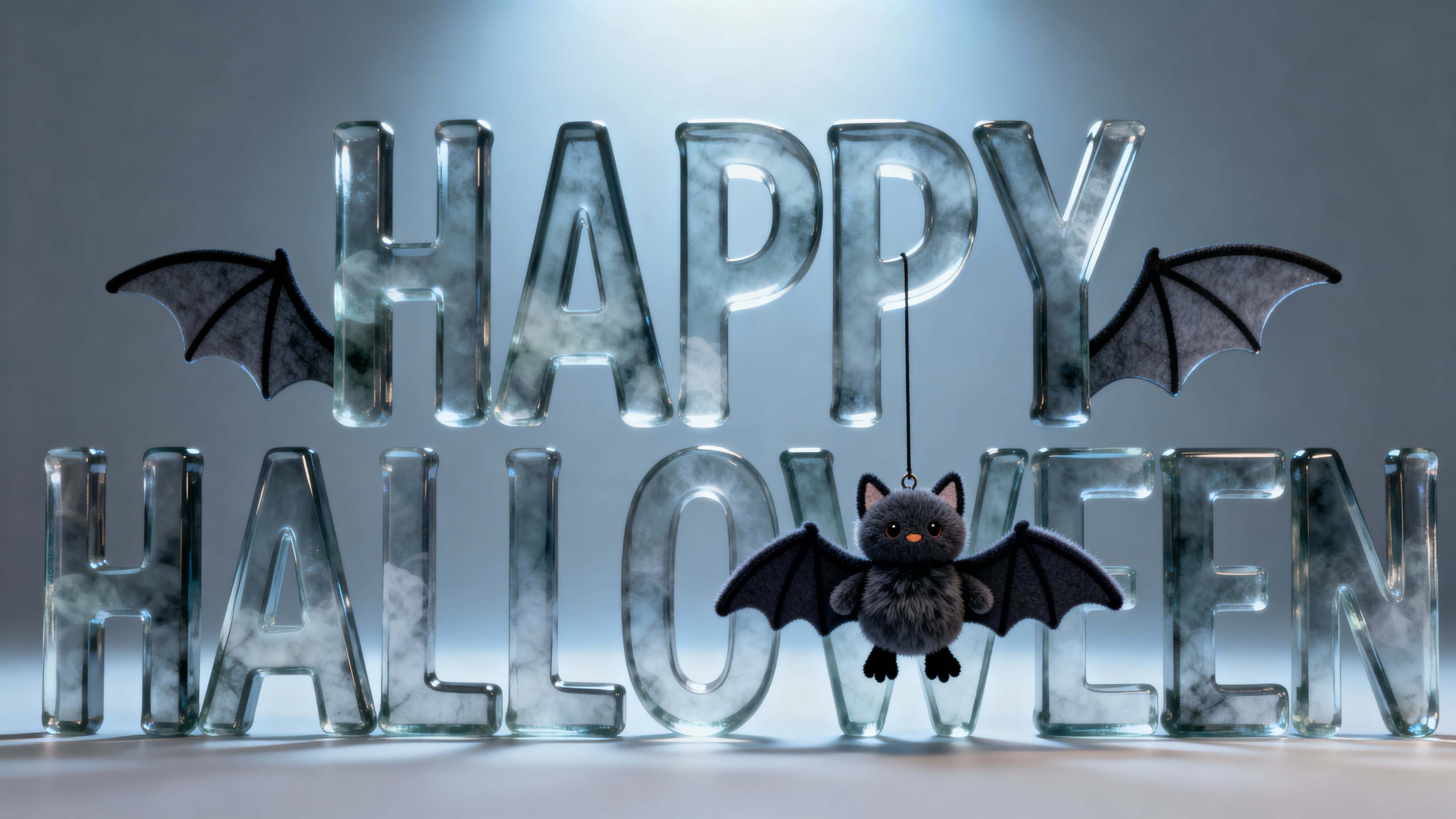 Full-frame 16:9 photoreal 3D of 'HAPPY HALLOWEEN' in smoky cast glass with wing-like fins and faint internal haze; a felt-and-minky bat dangles from the 'W' under cool backlight and soft top fill, with clean margins.