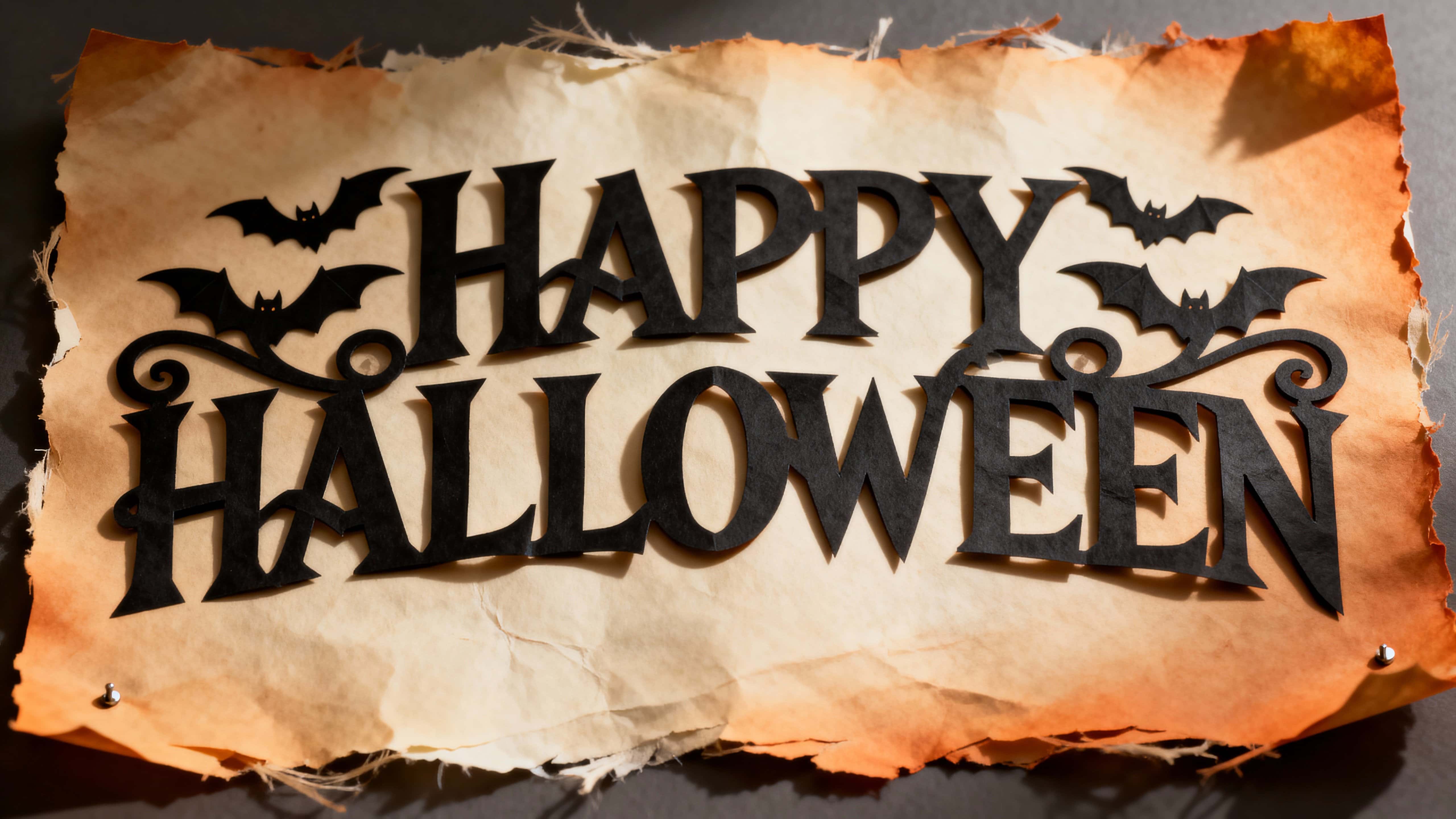 Full-frame macro of a handcrafted black paper-cut reading "HAPPY HALLOWEEN" with bat filigree and floral scrolls, backlit to cast crisp lace shadows onto warm parchment.