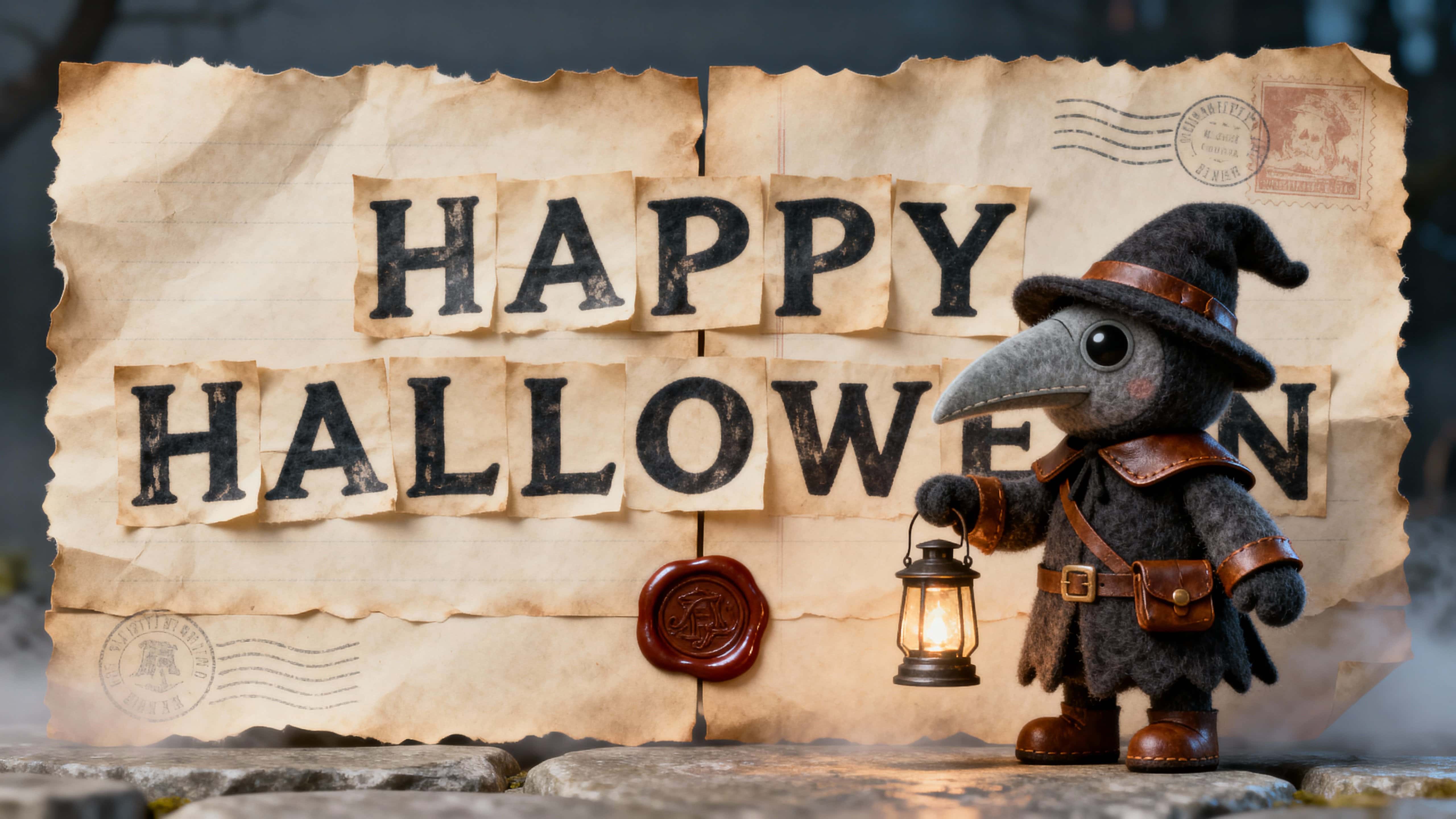 16:9 photo-real 3D render of 'HAPPY HALLOWEEN' in aged parchment with wax seals, a felt-and-leatherette plague doctor at right with lantern, soft frontal light, cool rim (#2E4053), leather (#8B5A2B), parchment (#D9C29A,#F2E6D0), matte stone