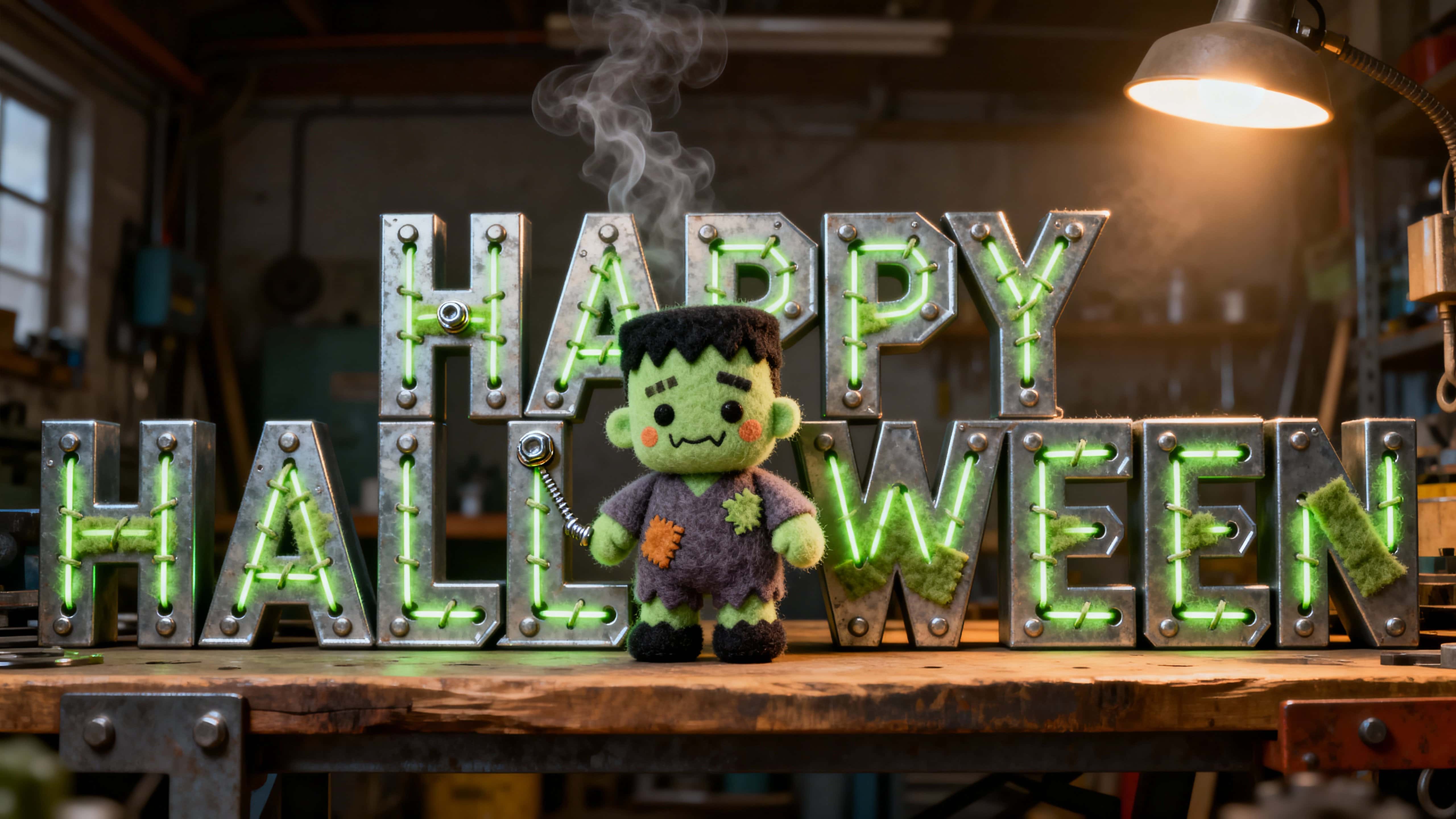 Photo-real 16:9 scene of a riveted zinc HAPPY HALLOWEEN sign in zinc tone (#7F8C8D) with neon stitch seams (#39FF14) glowing as a felt Frankenstein with teal patches (#2D6A4F) tightens a bolt on the H, framed by cool rim (#2B2B2B) and warm-