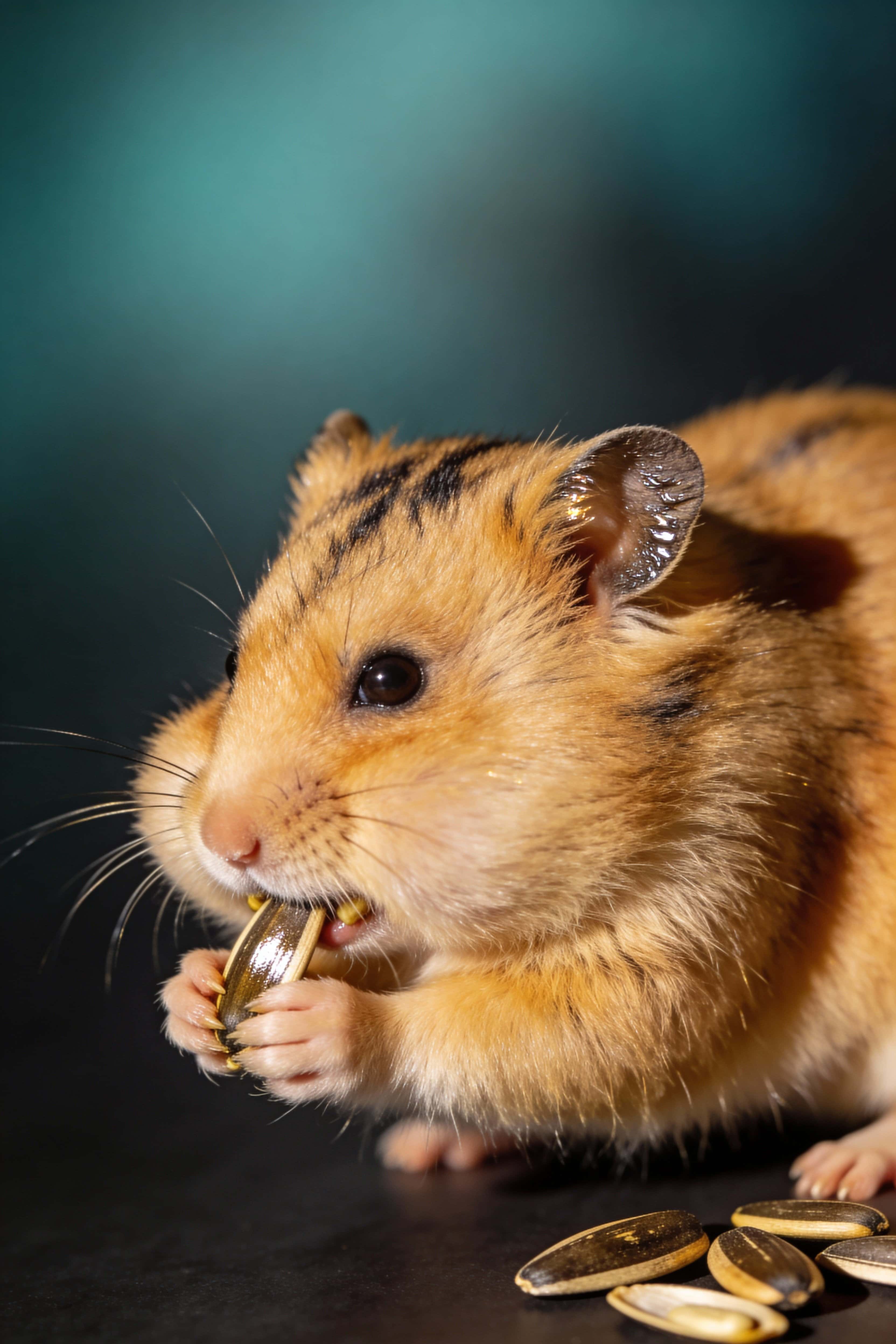 Close-up pet photography of a golden dwarf hamster stuffing its cheek pouches with sunflower seeds, tightly framed for a 2:3 portrait crop as a playful wallpaper image.