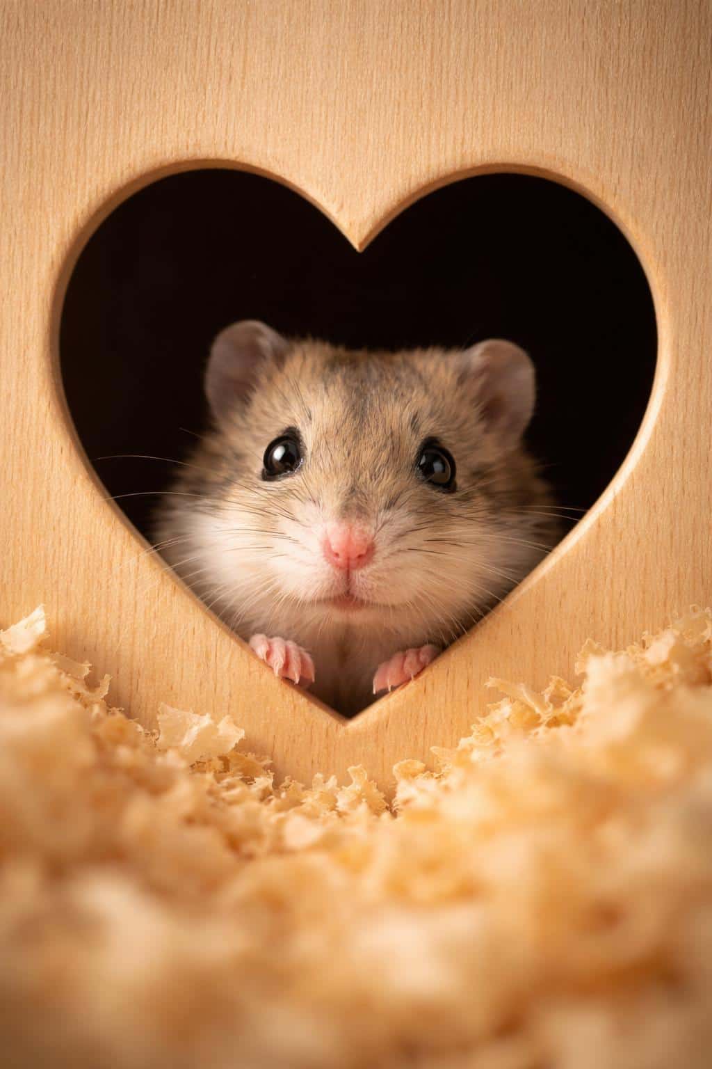 Small hamster photographed in a heart-shaped hole with warm, intimate pet-photography lighting and a shallow depth look, composed for a 2:3 portrait poster-cover use.