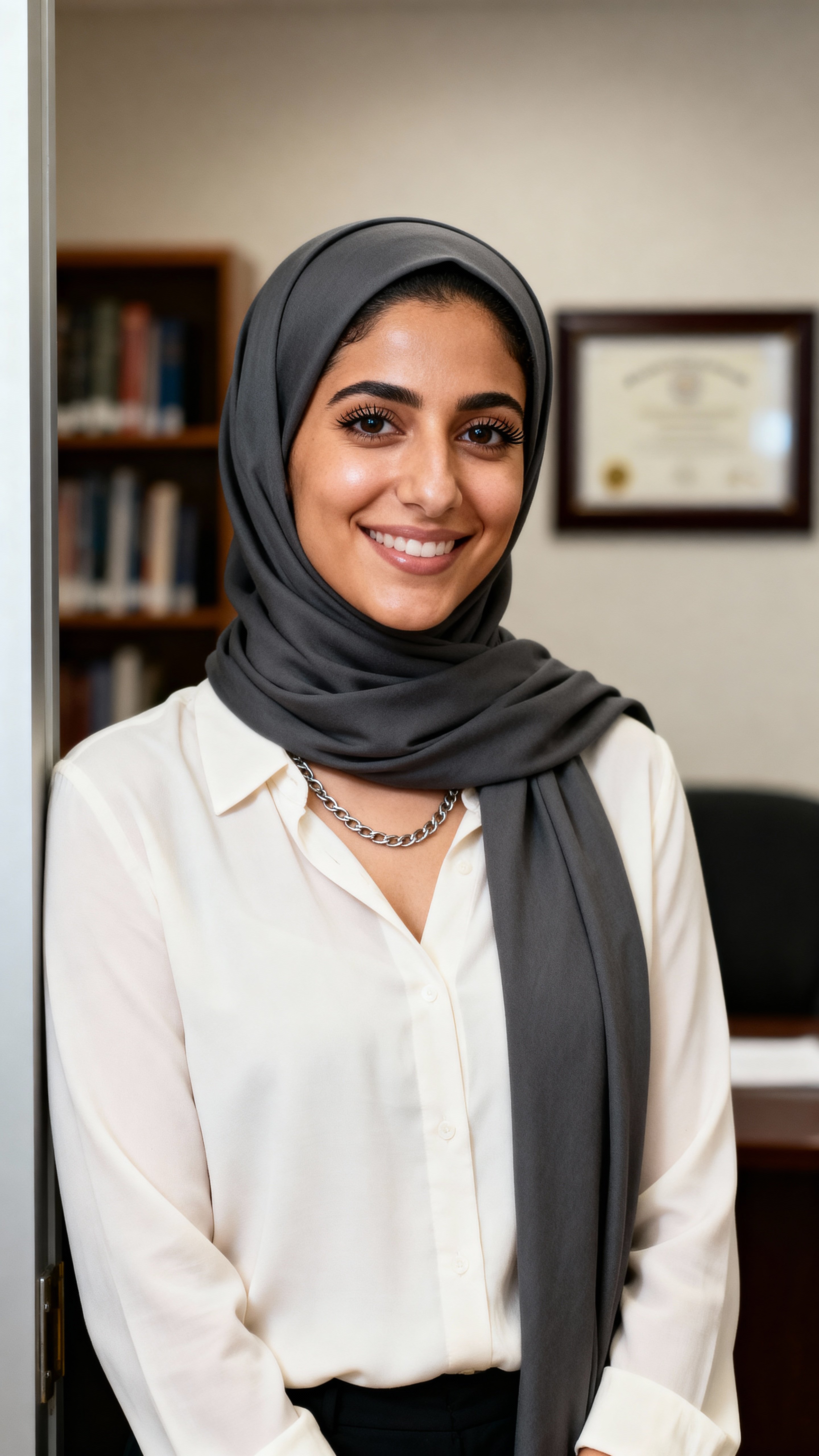 Hanan, an Arab American college counselor, offers a reassuring smile in her office doorway; charcoal hijab over a cream blouse, warm olive skin and gold chain against a minimal blurred-bookshelf backdrop.