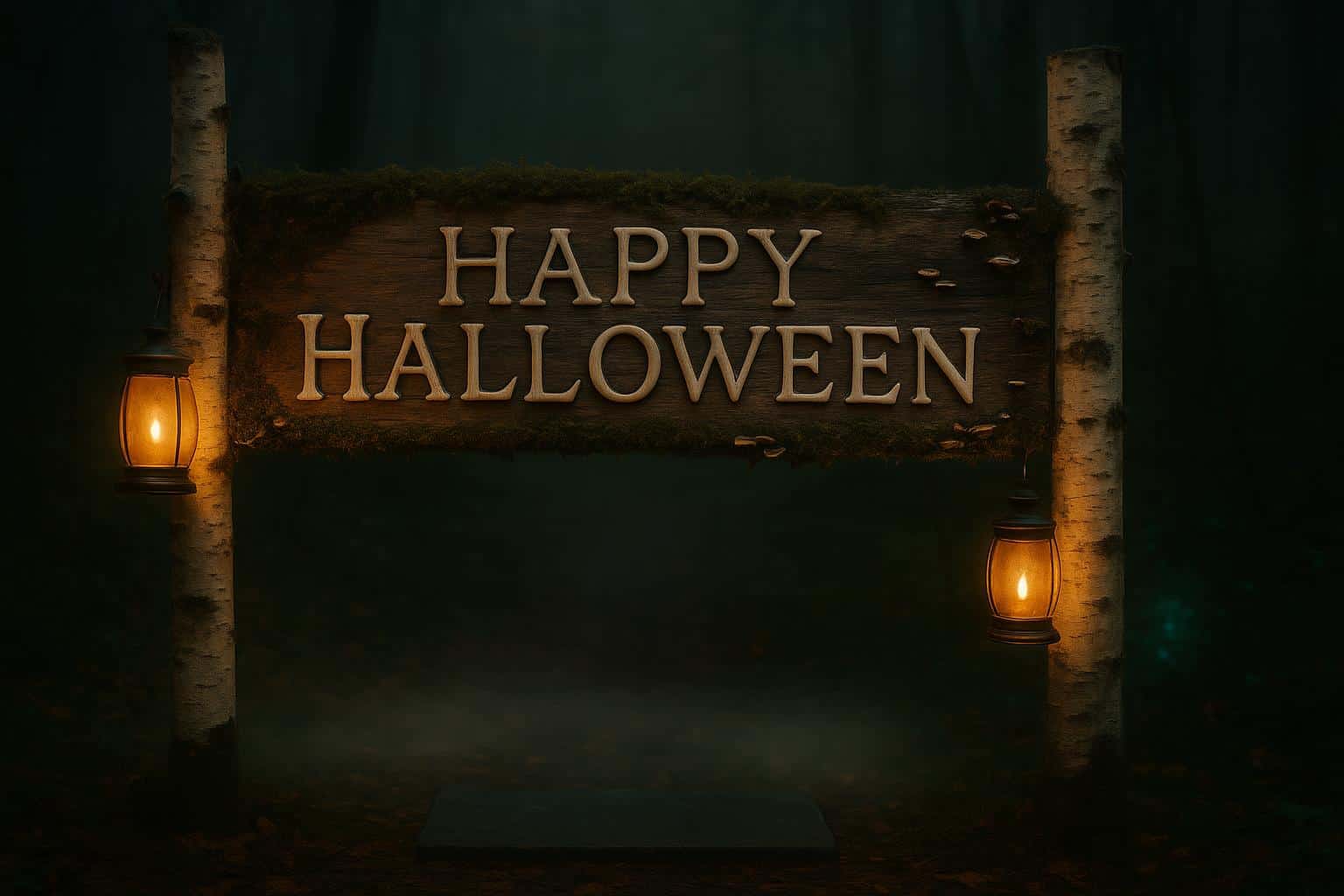 A hand-carved driftwood plank mounted between birch posts, inlaid with polished bone letters reading "HAPPY HALLOWEEN", moss and bracket fungi, lantern amber and faint foxfire glow in low fog, framed for a 3:2 crop.