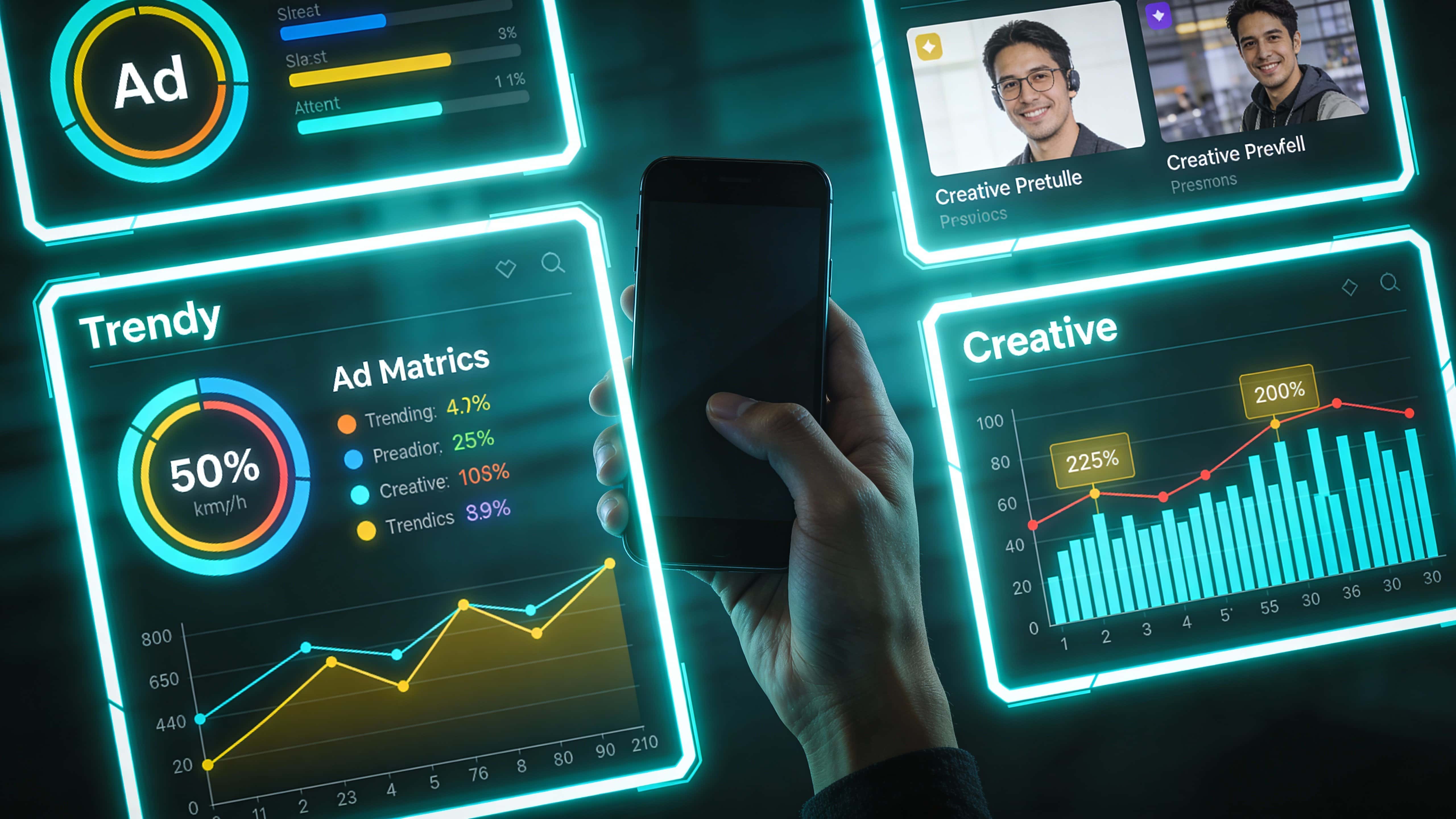 A close-up of a hand holding a smartphone in a 16:9 frame under bright neon holograms of ad metrics, trending graphs and creative previews, with deep shadows and soft teal backlight.