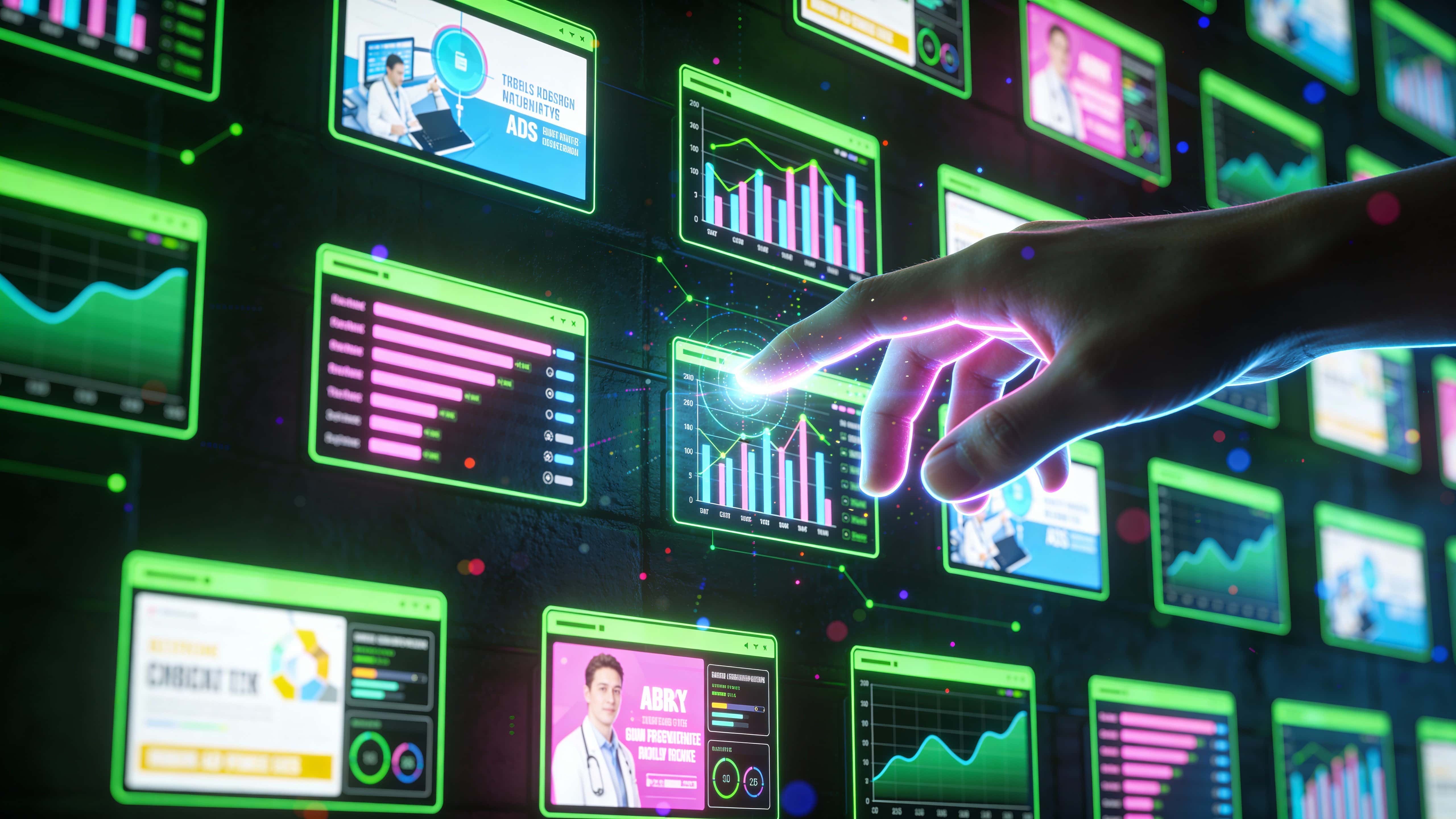 A lone hand reaches toward a vertical wall of holographic ad UIs suspended in darkness, neon greens, pinks, and blues forming glowing graphs, sliders, and previews.