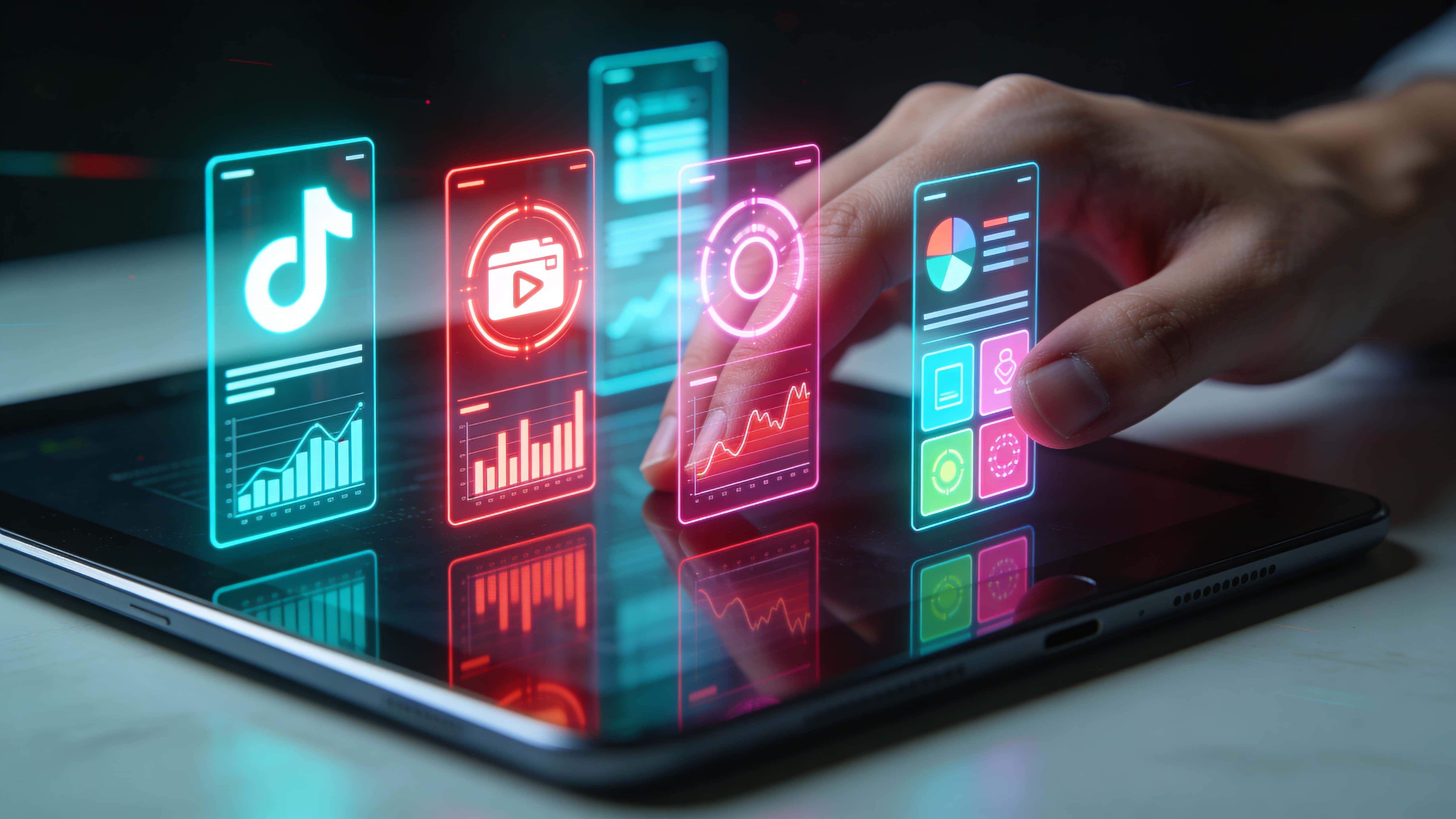 Close 16:9 view of a hand swiping through tall neon hologram panels above a sleek tablet, showing cyan, red and magenta UI tiles, animated charts, glowing ads, and soft reflections.