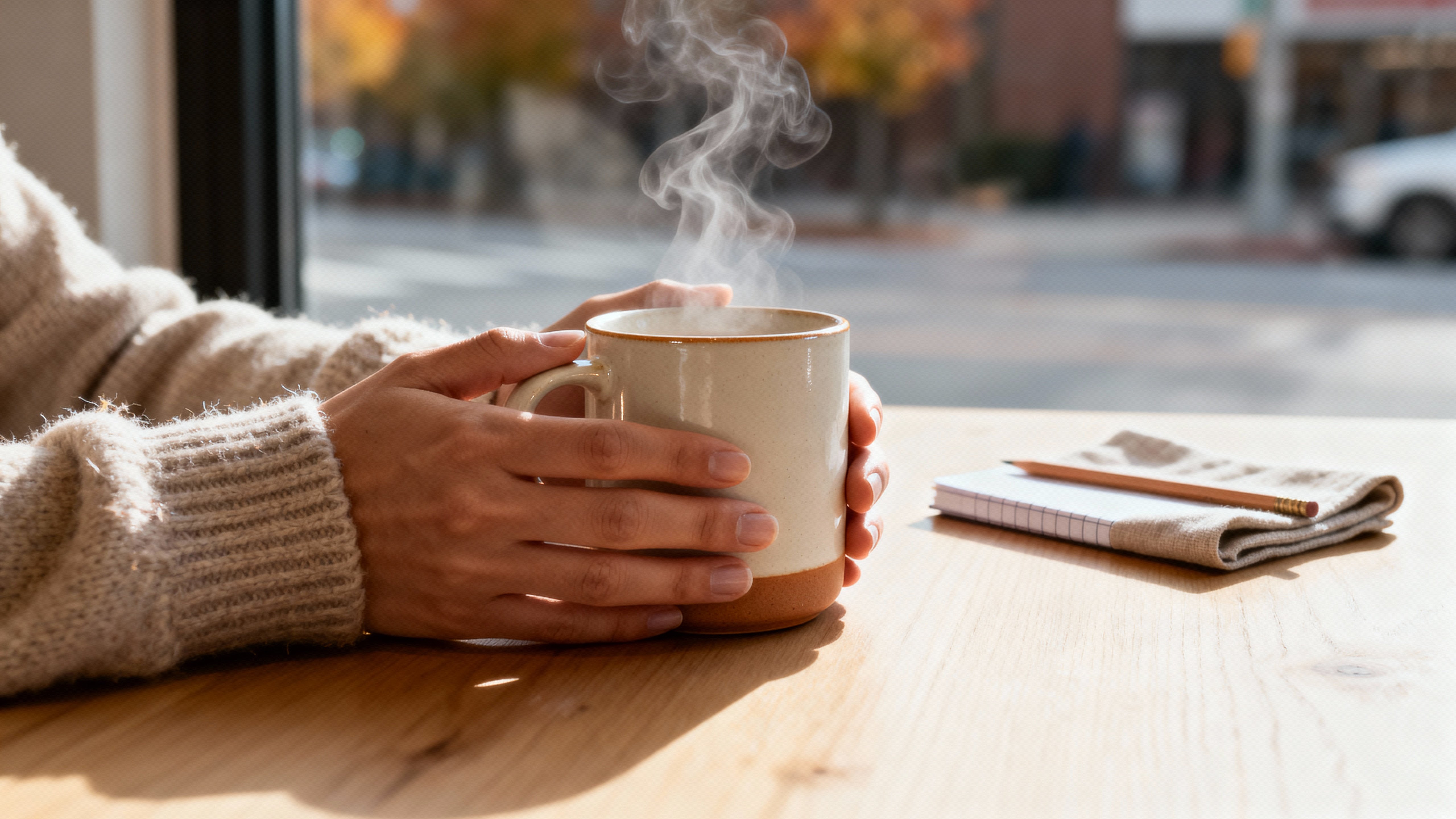Hands cradle a matte warm off-white mug above a pale wood tabletop, neutral knit cuff in soft gray, steam and layered depth in cocoa and honey tones, evoking quiet morning calm.