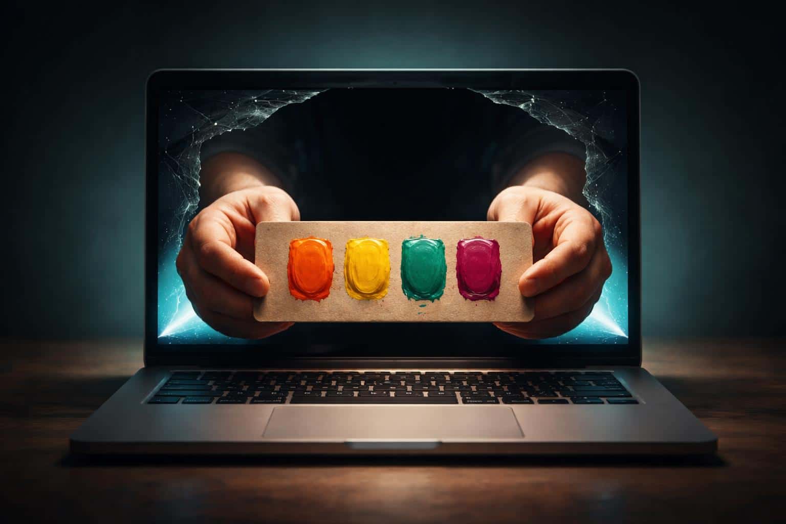 Surreal digital painting of human hands pushing through a laptop screen to hold a color palette, composed for a 3:2 poster-cover with cinematic lighting and texture.