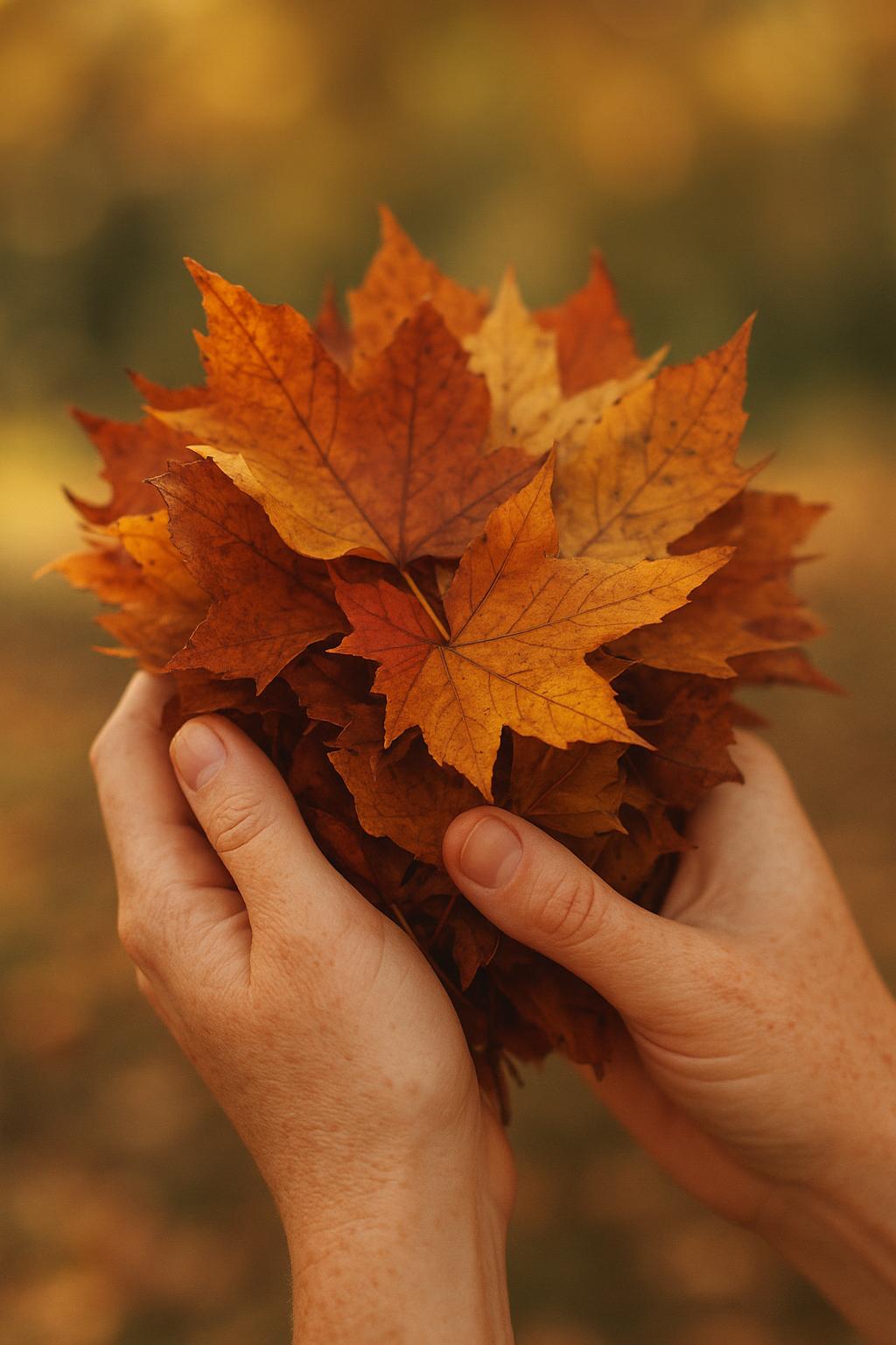 Close-up of two warm-freckled hands cradling a bundle of crisp, multicolored autumn leaves—amber, russet and deep olive—against a soft, sunlit park blur with golden-brown highlights and tactile matte detail.