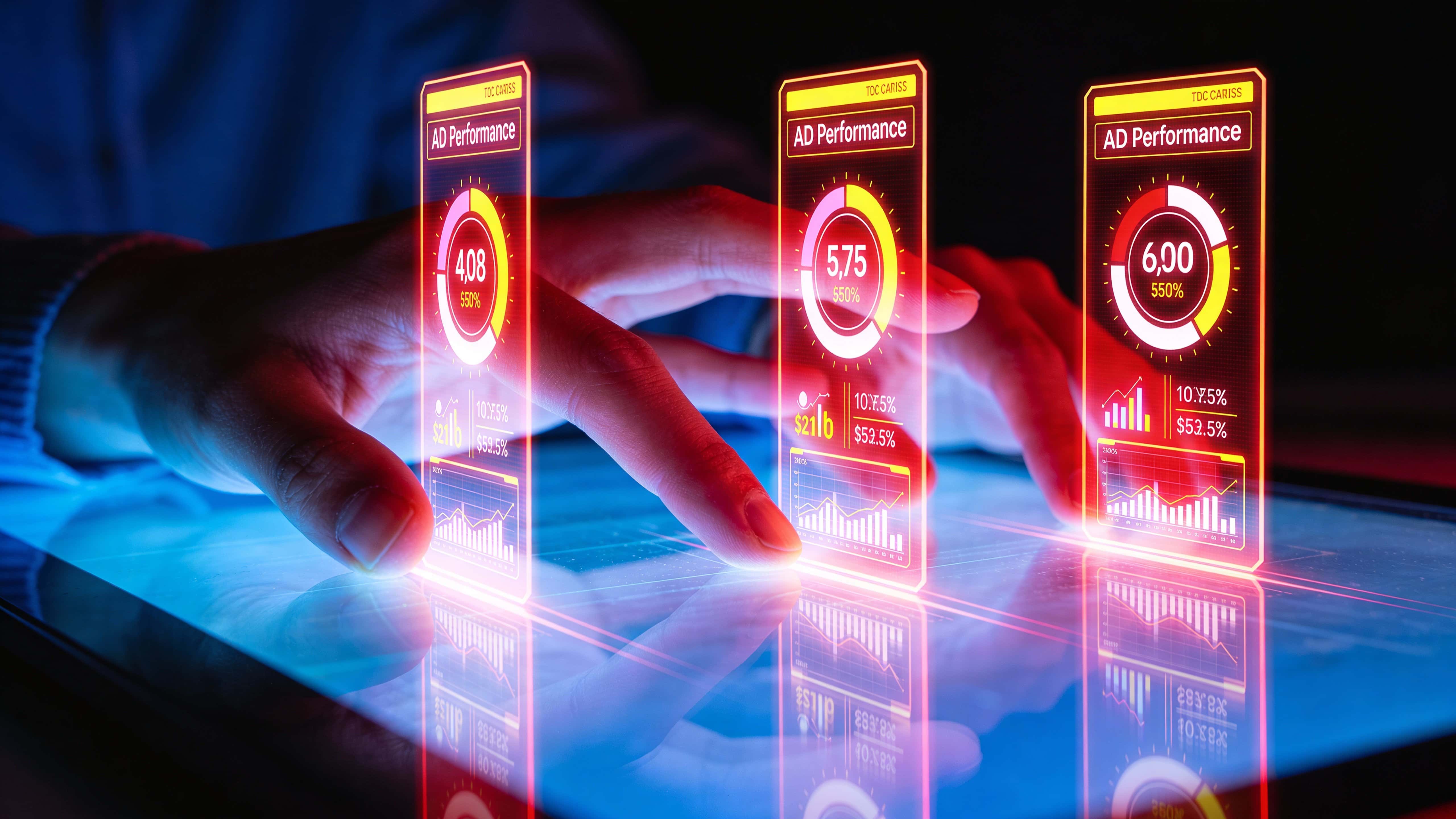 In a 16:9 frame, a pair of hands hovers above a sleek glass surface interacting with tall glowing hologram cards of ad metrics amid neon blue, red, and bright-yellow gradients against a near-black background.