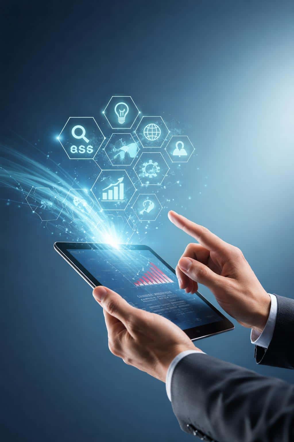 Professional photograph of hands holding a tablet with glowing holographic business icons and data visualizations emerging upward against a deep teal gradient background.