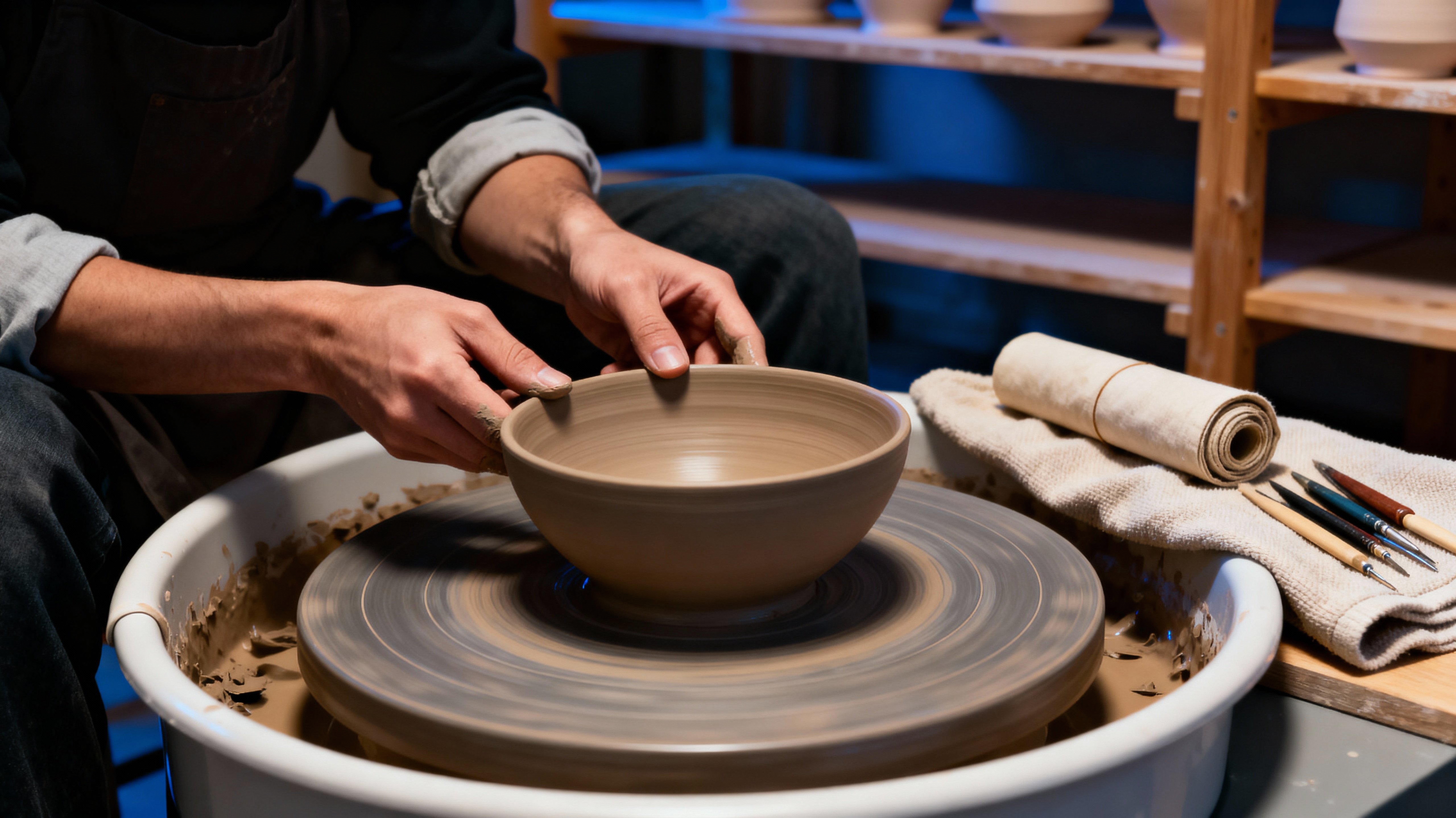 A focused evening studio shot of hands shaping a clay bowl at the wheel, tools on a linen towel and pine shelves with drying pottery, warm amber task light and cool slate ambient wash.