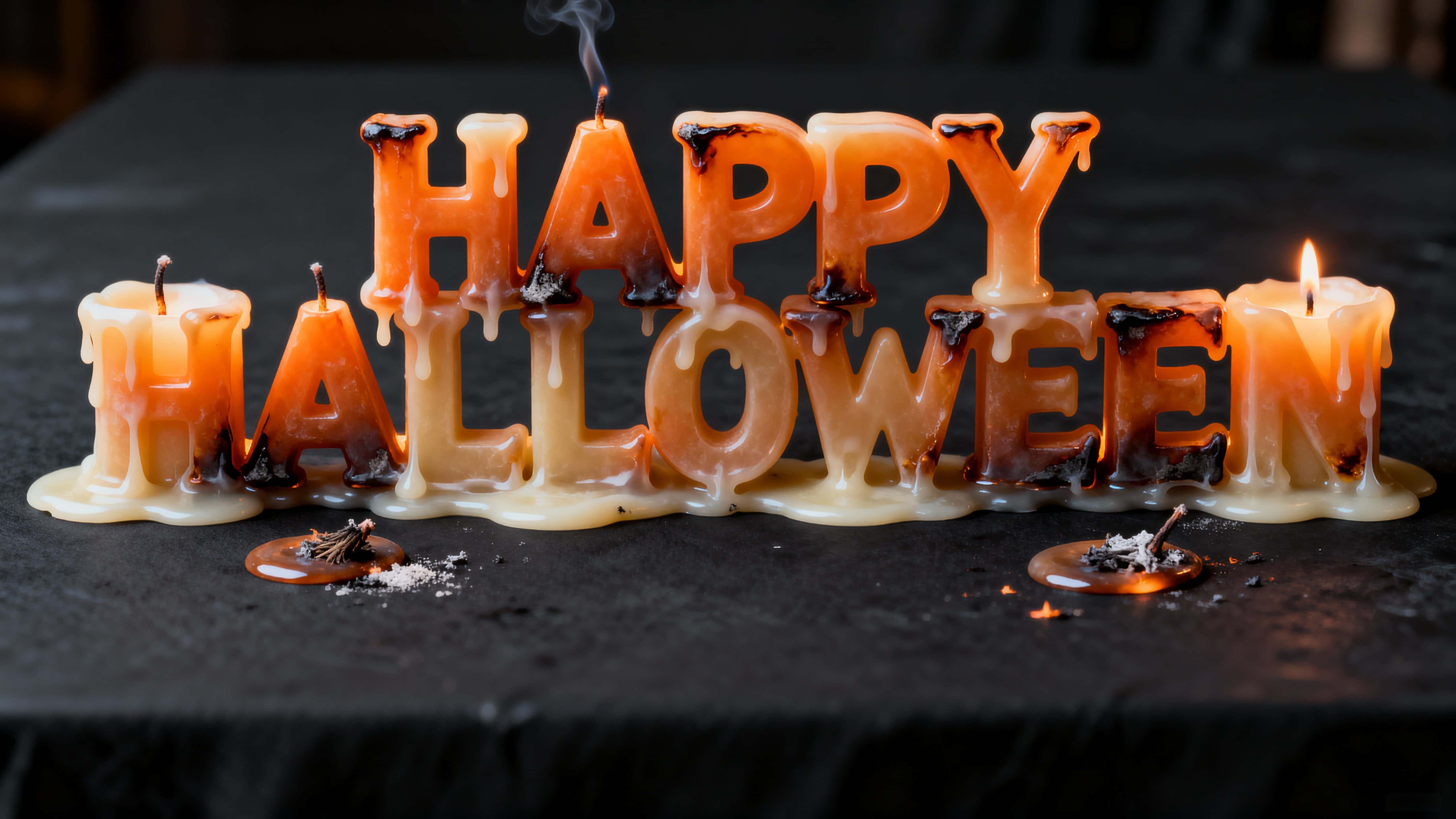 Centered 'HAPPY HALLOWEEN' candle-letter wax sculpture on a charcoal tabletop, melting with pooled wax, faint smoldering wicks and ember flecks, rendered warm: #D95726 #F3C78A #8B5E3C #3A2F2A.