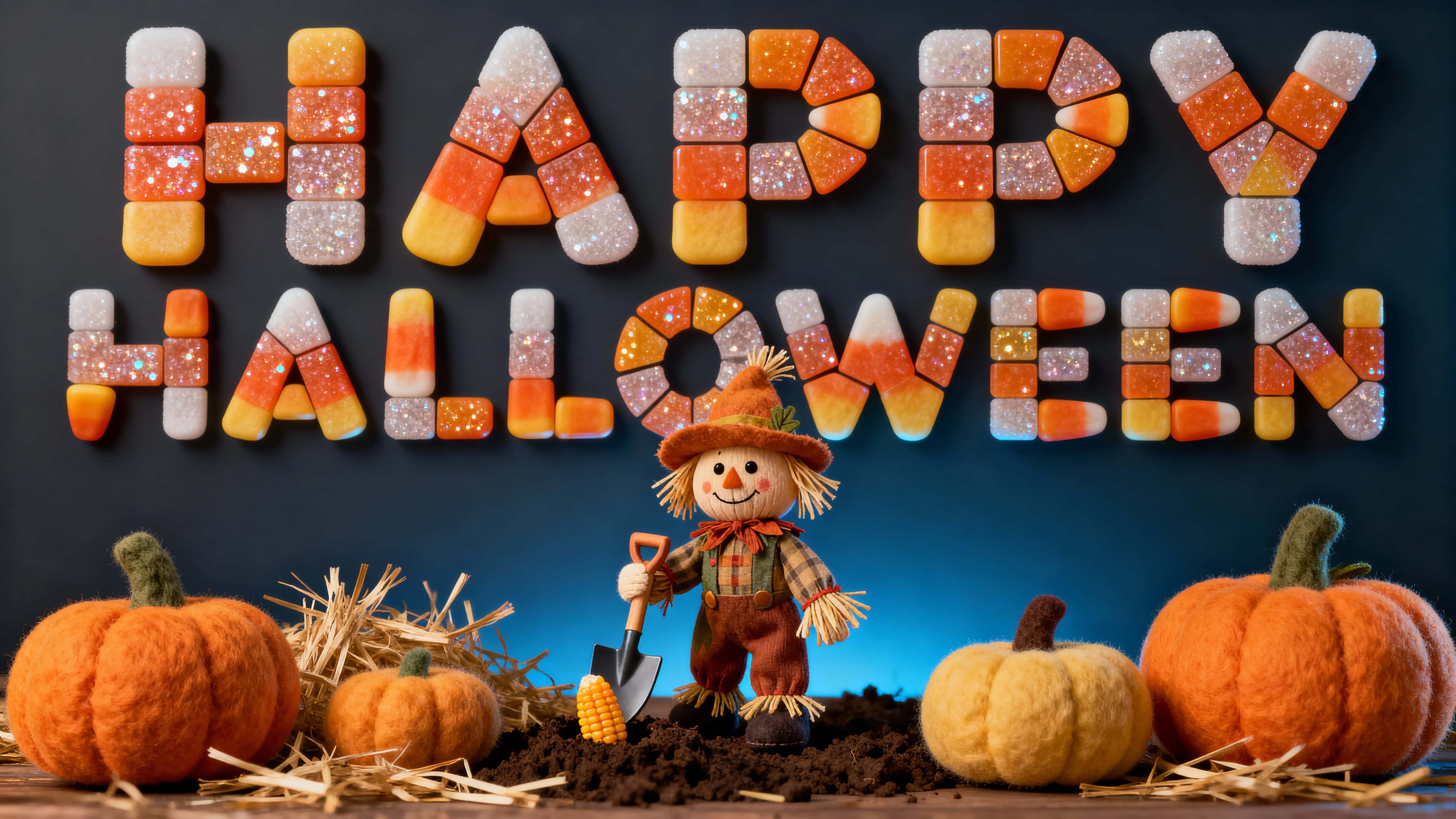 Photo‑real 3D card of “HAPPY HALLOWEEN” tiled from rounded candy‑corn triangles with sugar sparkle, a tiny scarecrow planting a kernel by hay and felt pumpkins, candy hues (#FCE883,#FFA800,#FFFFFF) and cool twilight blue rim (#4B61A3).