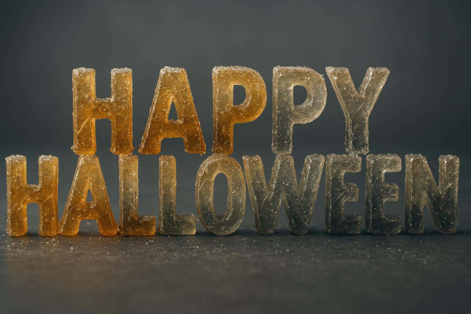 Close-up of "HAPPY HALLOWEEN" cast in translucent candy glass with an amber→ivory→charcoal gradient, sugar crystals, hairline cracks, delicate pulled shards, and a neutral slate backdrop.