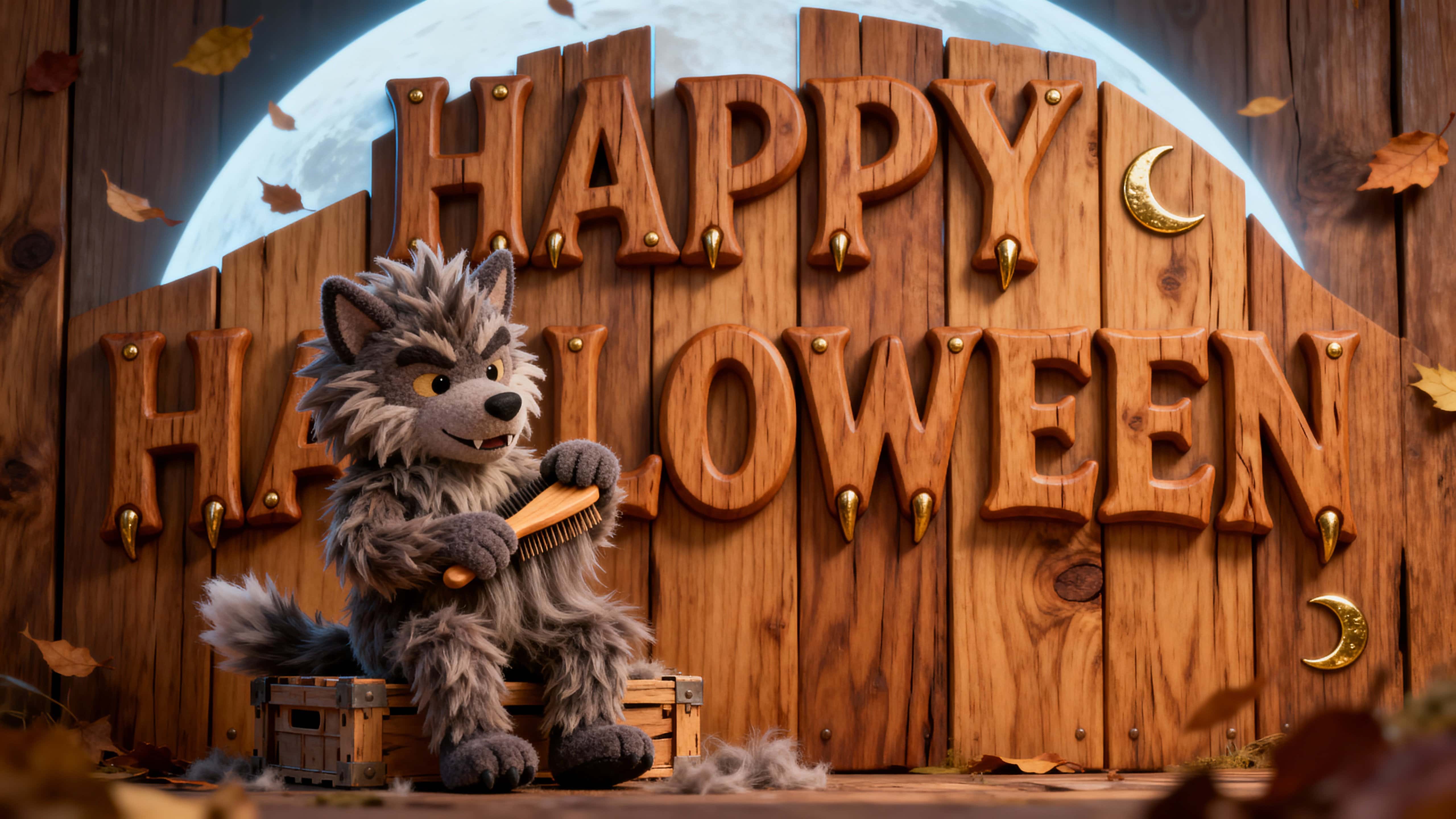 Photo-real 3D scene of a milled warm-cedar “HAPPY HALLOWEEN” sign with deep claw grooves and brass crescent, a cute faux-fur werewolf on a low crate combing its shag, bathed in warm wood graze and cool moon-blue rim light with drifting leaf