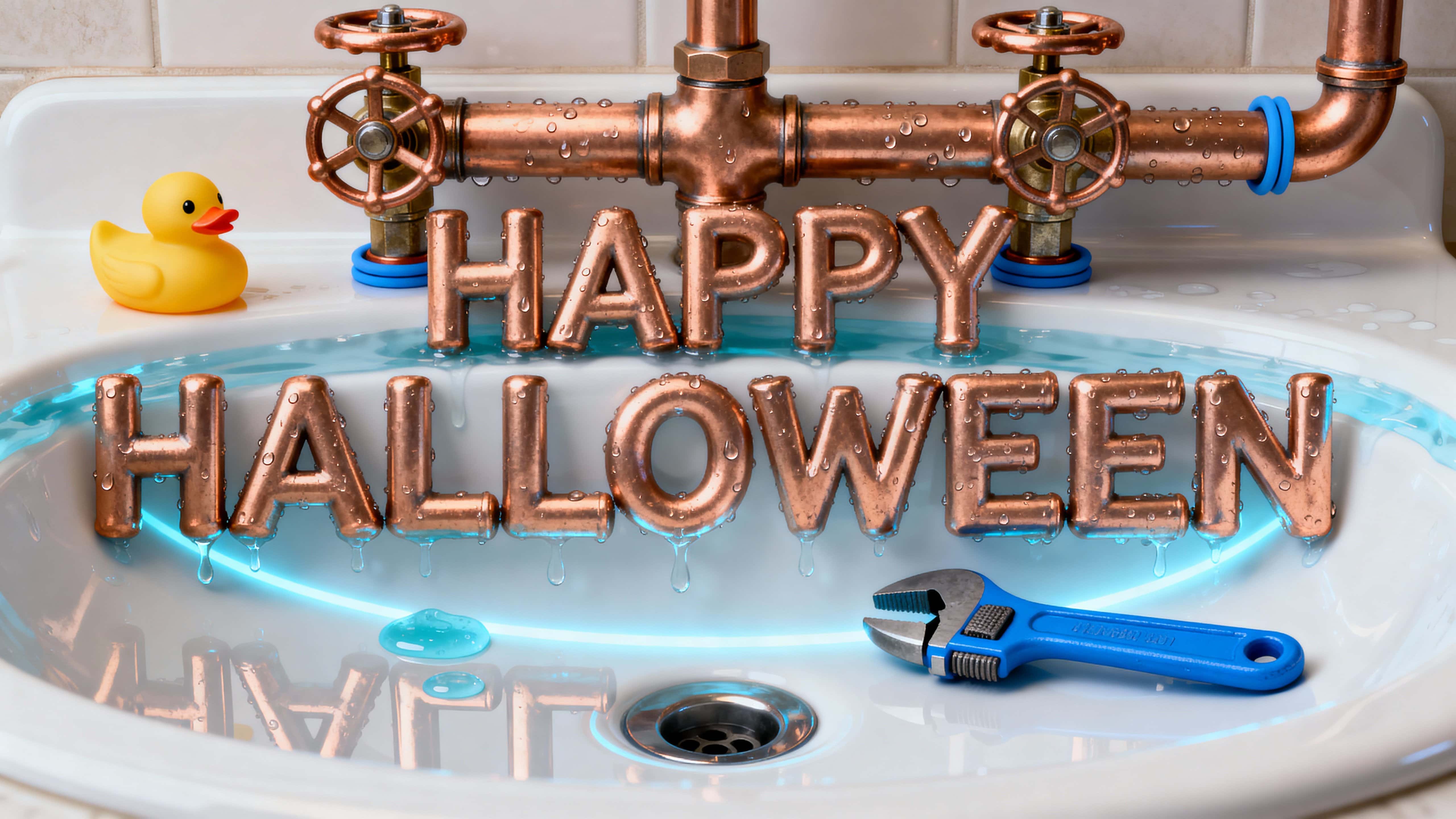 Photo-quality 3D full-frame of “HAPPY HALLOWEEN” built from polished copper pipes with valve wheels and blue silicone gaskets, condensation beads, rubber duck and blue wrench minis, droplet-gel accents and a cool teal rim reflecting on anEn