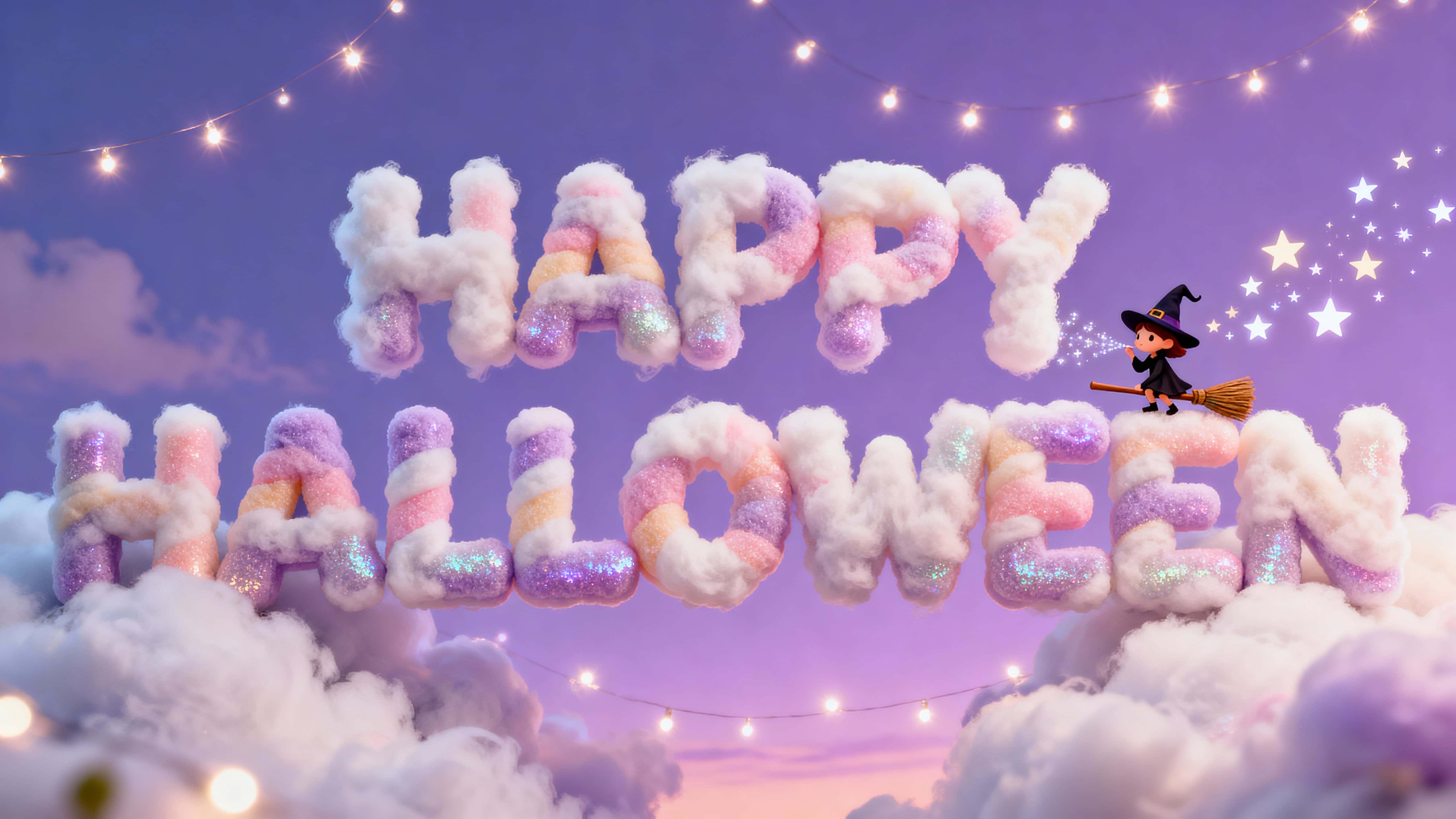 Full-frame 3D photo-quality 'HAPPY HALLOWEEN' formed from fluffy cotton-candy clouds with sugar shimmer as a tiny witchling on a mini broom blows star bubbles across a sky-to-lavender gradient, in pastel tones #FFD1E8 #E6C8FF #A8E7FF #FFF1A