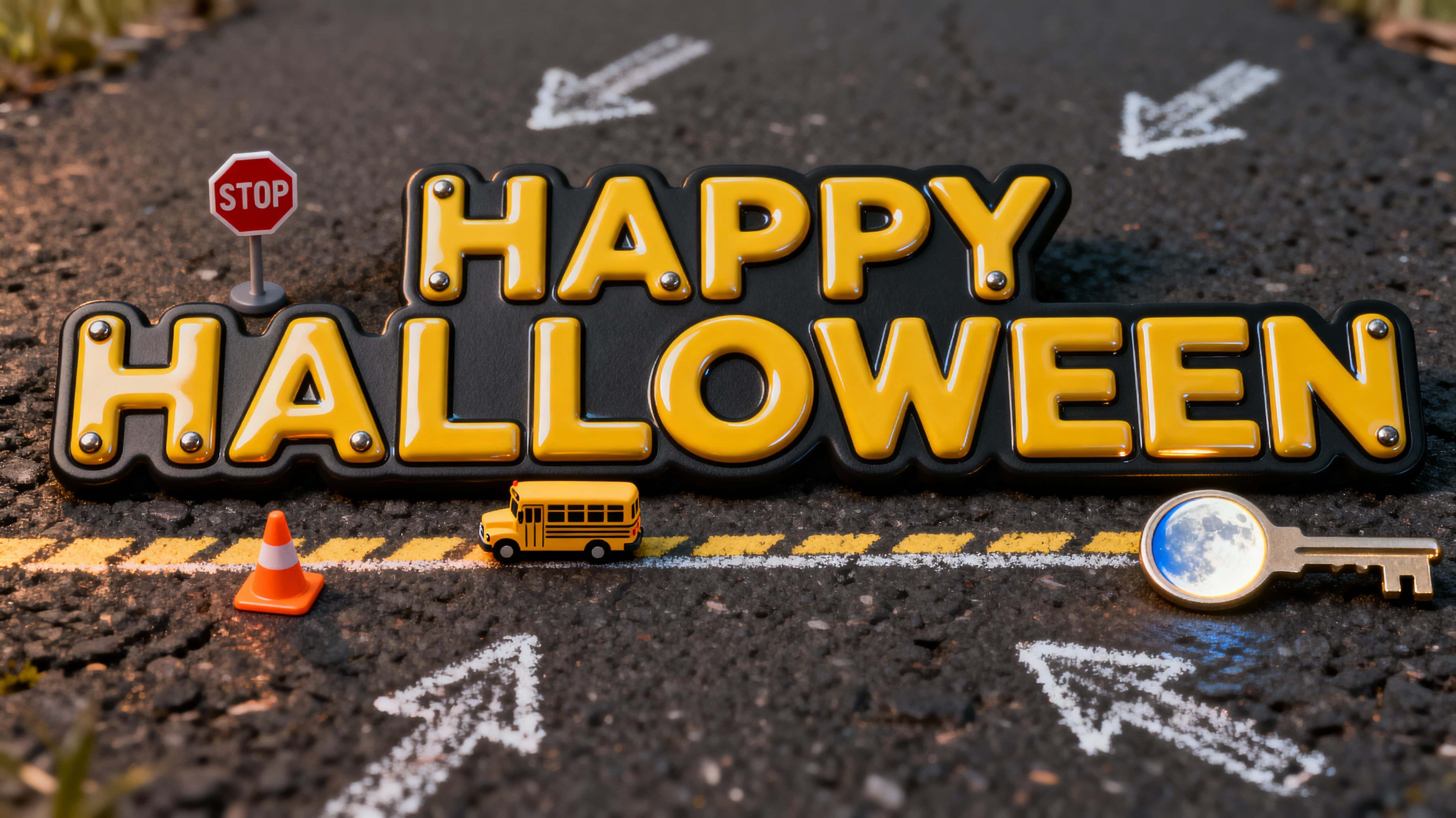 Full-frame "HAPPY HALLOWEEN" in high-gloss school-bus yellow enamel with black rubber edge trim and rivets, toy stop sign and cones, tiny bus silhouettes on asphalt with chalk arrows, warm sodium key light edged by a cool moon rim, framed,
