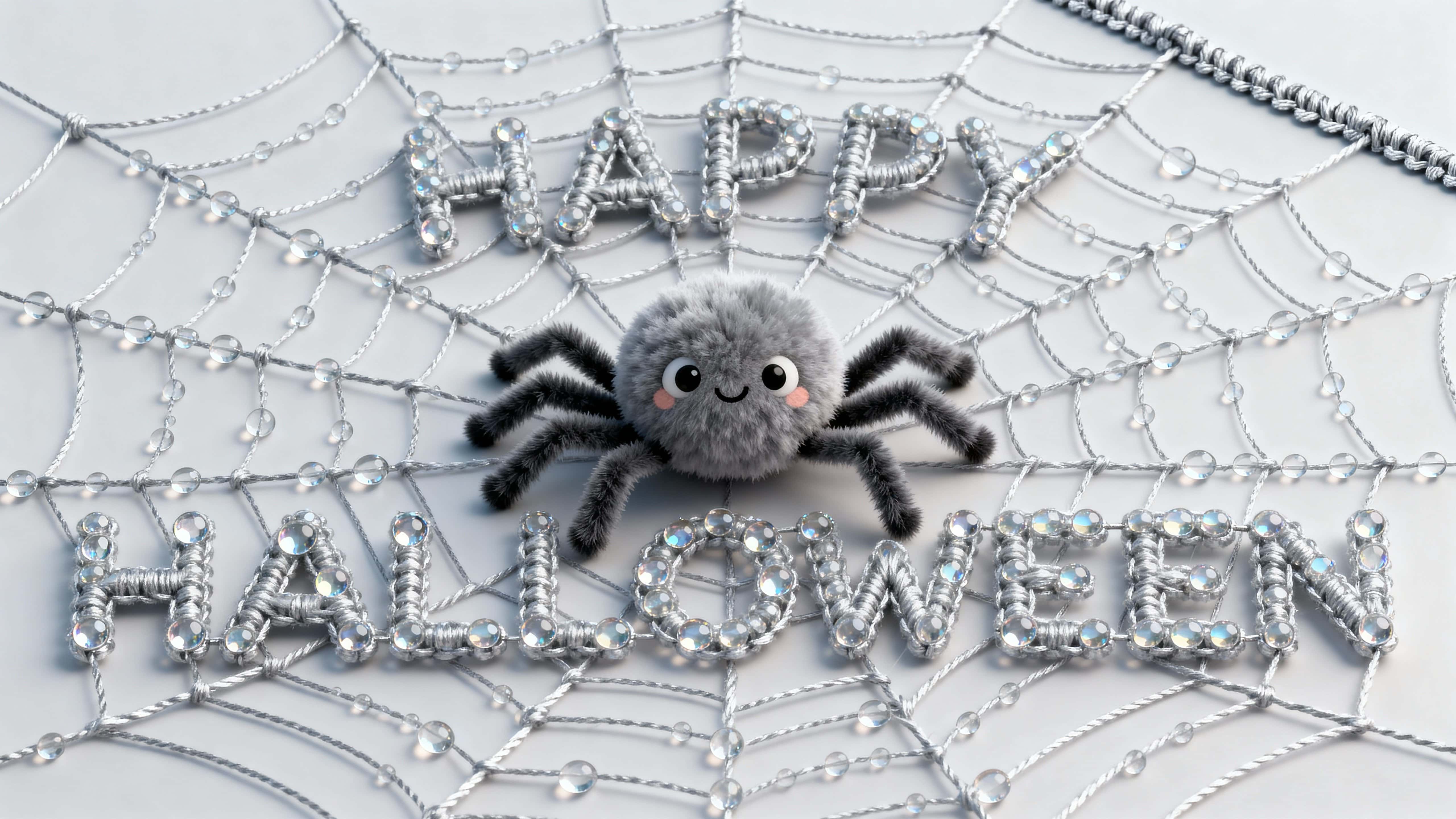 Photo-quality 16:9 close-up of “HAPPY HALLOWEEN” woven from silver micro-filament (#C0C0C0) beaded with dew-blue lenses (#BFE8FF), featuring a pom-pom spider in deep orange (#FF6A00) with black accents, soft macro and card-ready crop.