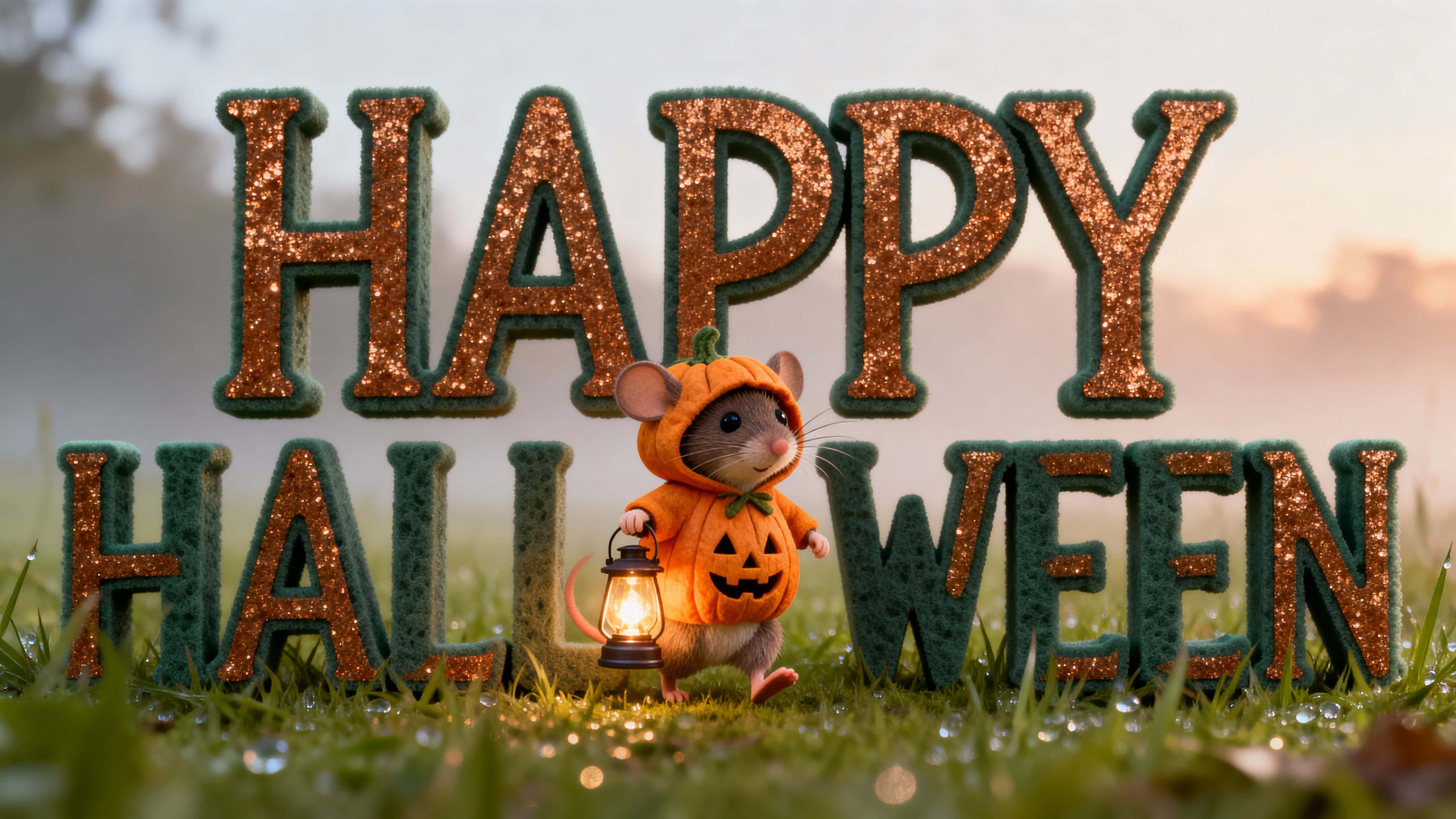 Photoreal 3D full-frame scene of HAPPY HALLOWEEN carved from craft foam with copper-glittered edges; a pumpkin-hooded mouse carries a lantern on the L amid dewy grass and dawn haze, orange #FF8C42, copper #B87333, sage #8FBF87, mist-blue #C