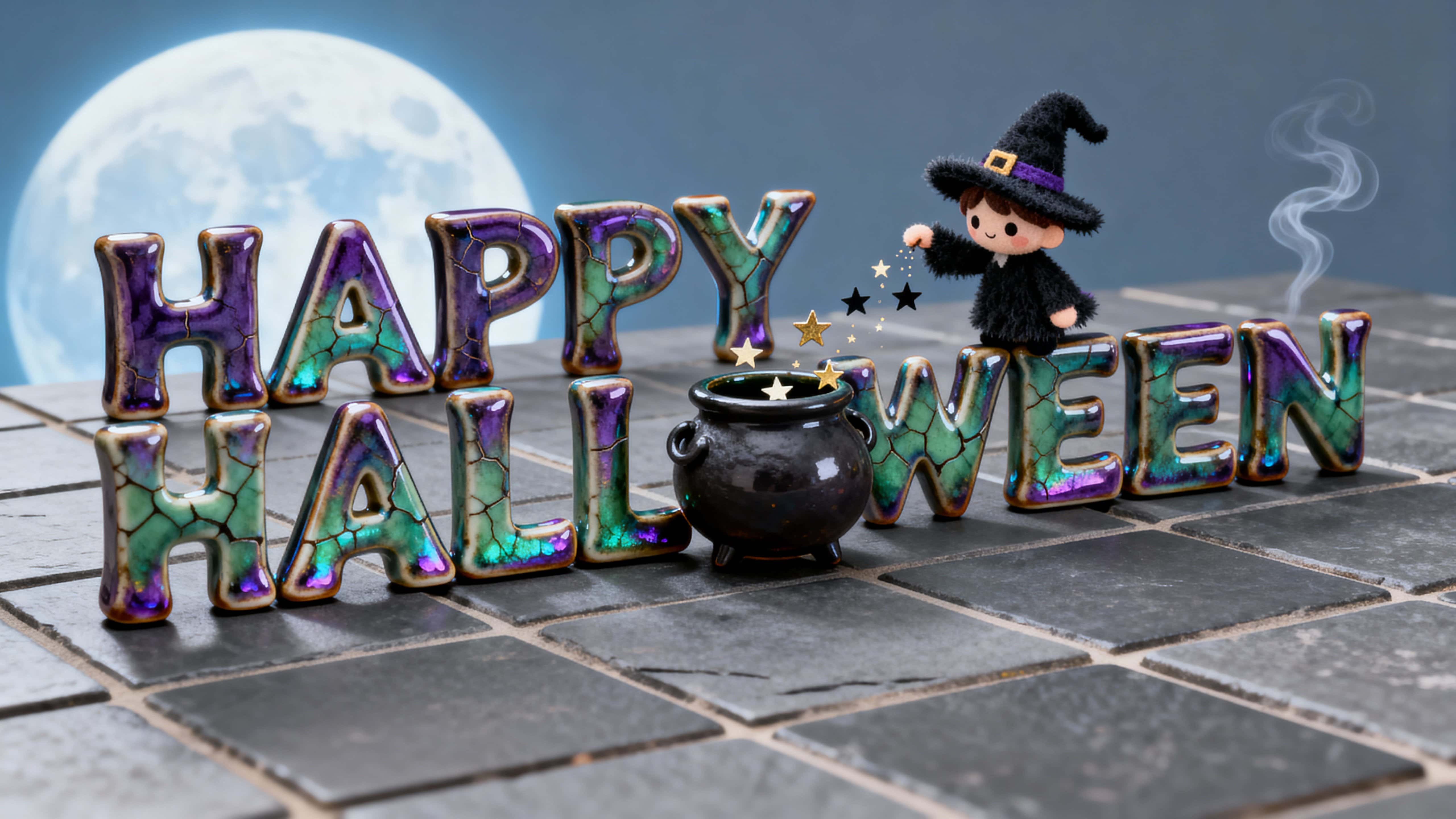 Photo-real 16:9 render of 'HAPPY HALLOWEEN' glossy raku letters in oil-slick violets (#5B2C82) and greens (#2AA06B) with hairline crackle, a felt-and-chenille witch sprinkling gold stars (#FFC857) on a cool slate tile (#E8E9EB) with faint-p