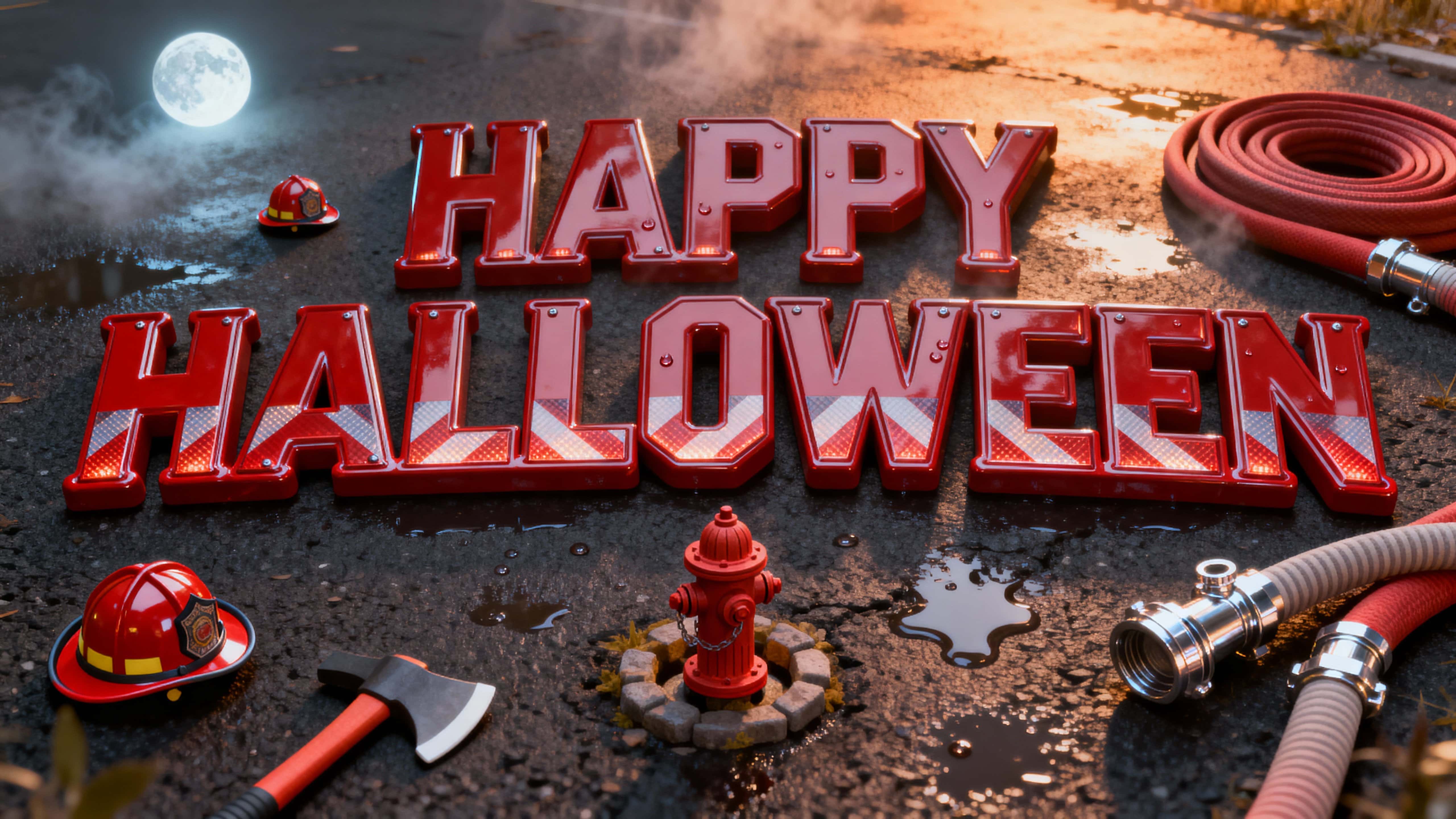 16:9 photo-quality 3D render of glossy fire-engine-red 'HAPPY HALLOWEEN' with reflective chevrons and beveled edges, clustered toy helmets, coiled hose and mini hydrant on wet asphalt with amber backglow, cool moon rim and misty micro-dropp