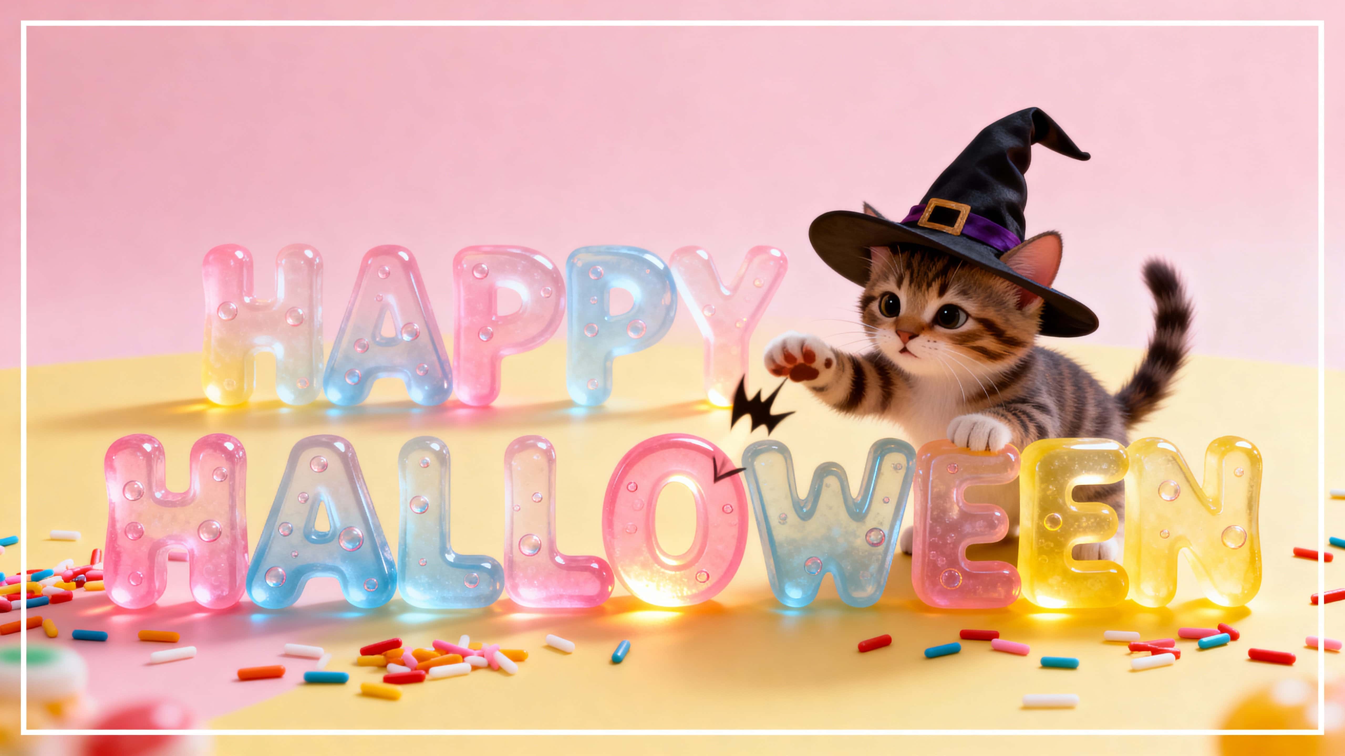 Full-frame 16:9 scene of translucent gummy-glass "HAPPY HALLOWEEN" with a pastel gradient (soft rose #FADADD, mint #CFF4E1, lavender #E8D6FF) and micro air bubbles as a kitten witch in a mini hat bats the O amid candy sprinkles against a m​
