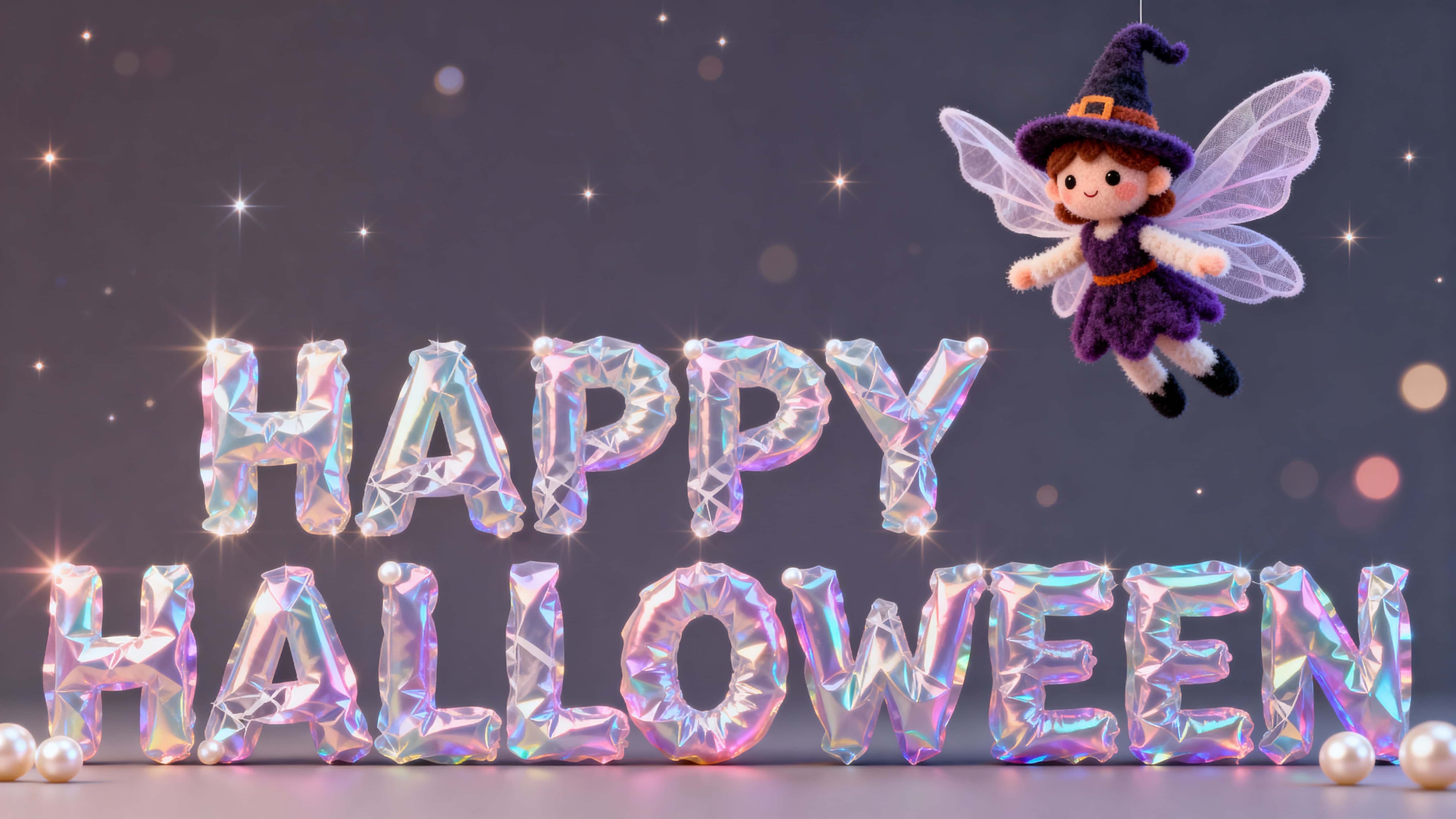 Full-frame 3D photo-quality scene of “HAPPY HALLOWEEN” extruded in iridescent cellophane with pearlescent flares and crinkle texture; a chenille fairy-witch hovers upper-right with organza wings, soft frontal light, pastel pink, mint, lav­-