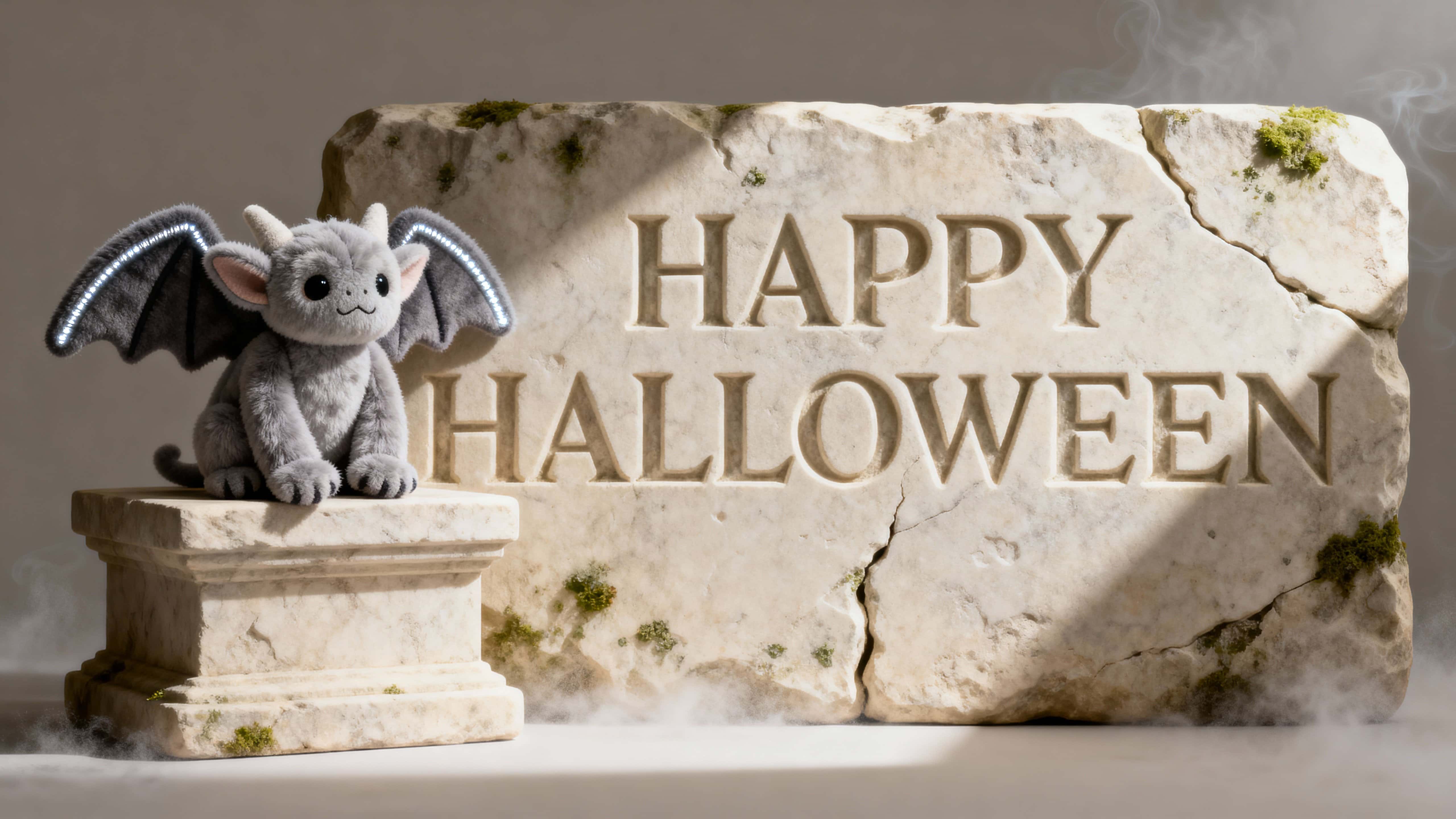 16:9 photo-quality 3D render of “HAPPY HALLOWEEN” chiseled from pale limestone (#E9E6DE) with moss flecks (#8AA267); a minky gargoyle (#AFC3CE) with felt wings (#6E6E6E) perches on a plinth with silvery rim (#C9D6DD).