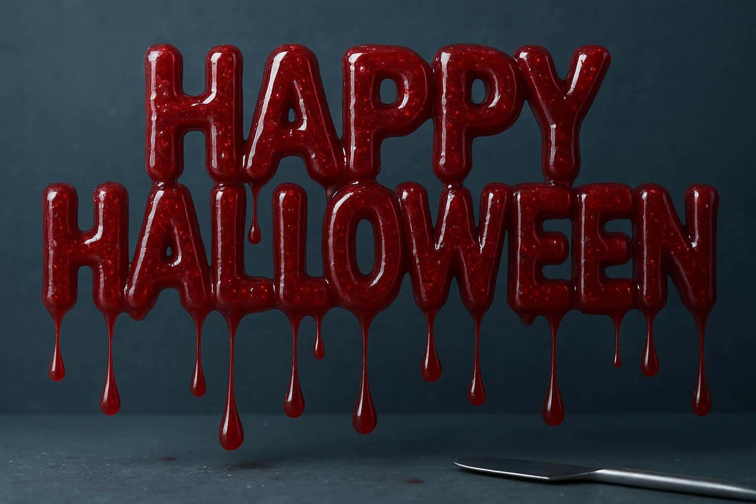 Photoreal 3:2 render of extruded viscous blood-gel letters reading “HAPPY HALLOWEEN” with deep crimson gloss, suspended micro-bubbles, slow drips, and a cool stony background.
