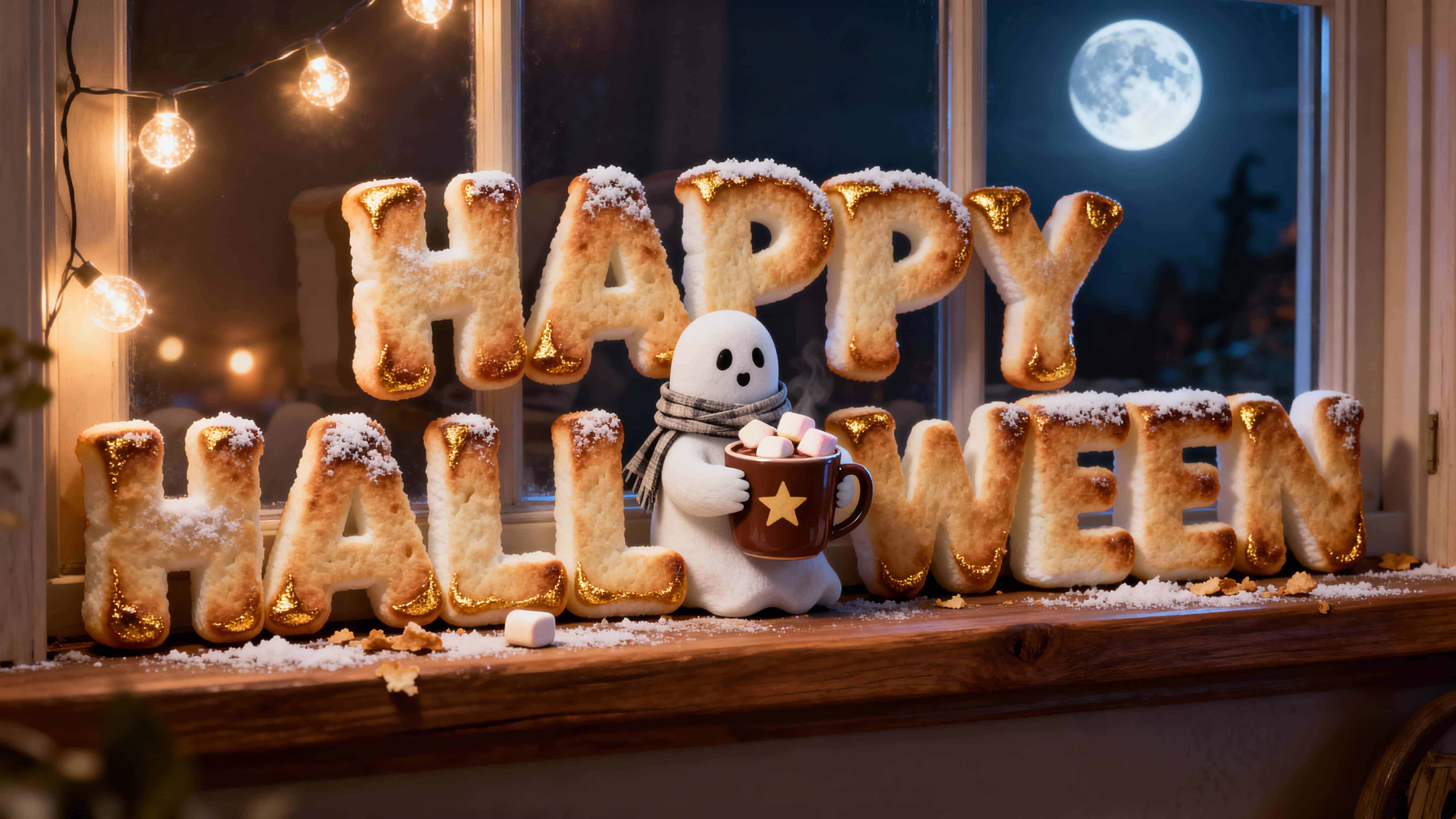16:9 full-frame of HAPPY HALLOWEEN letters sculpted as toasted-cream marshmallows with golden edges and powdered-white dusting; a scarfed baby ghost hugs the H with a cocoa mug by warm-amber lights and a cool-silver-blue moon rim on a cocoa