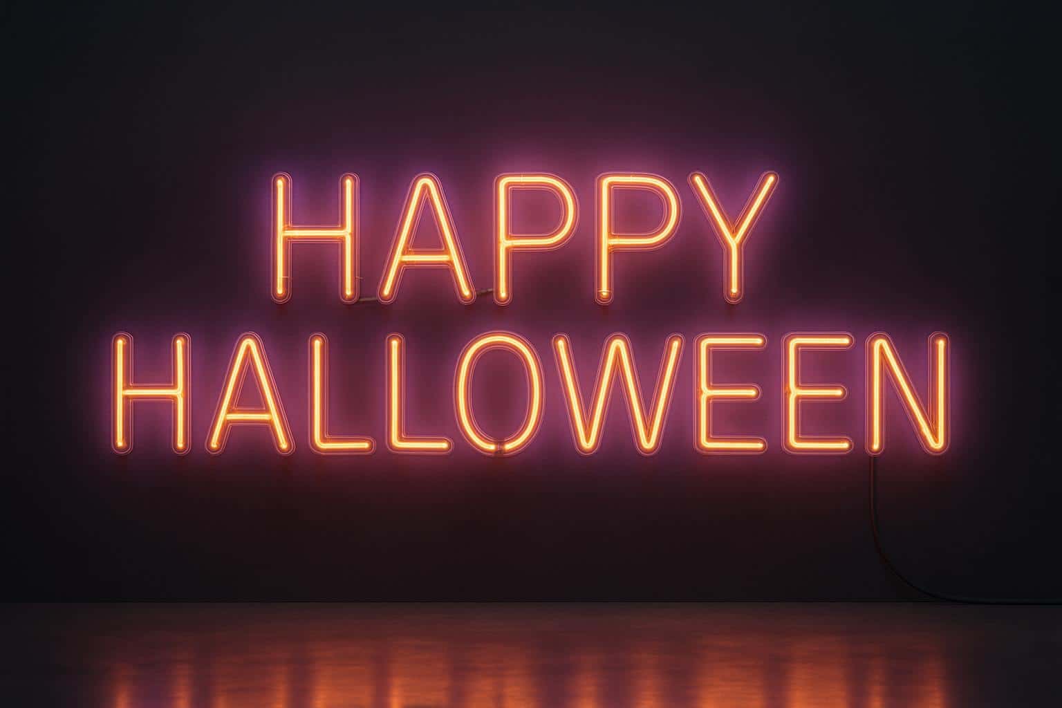 Bent glass neon tubing spells "HAPPY HALLOWEEN" in a studio scene with warm orange core, violet halo, slight flicker at joints, and a brushed-black wall backdrop.