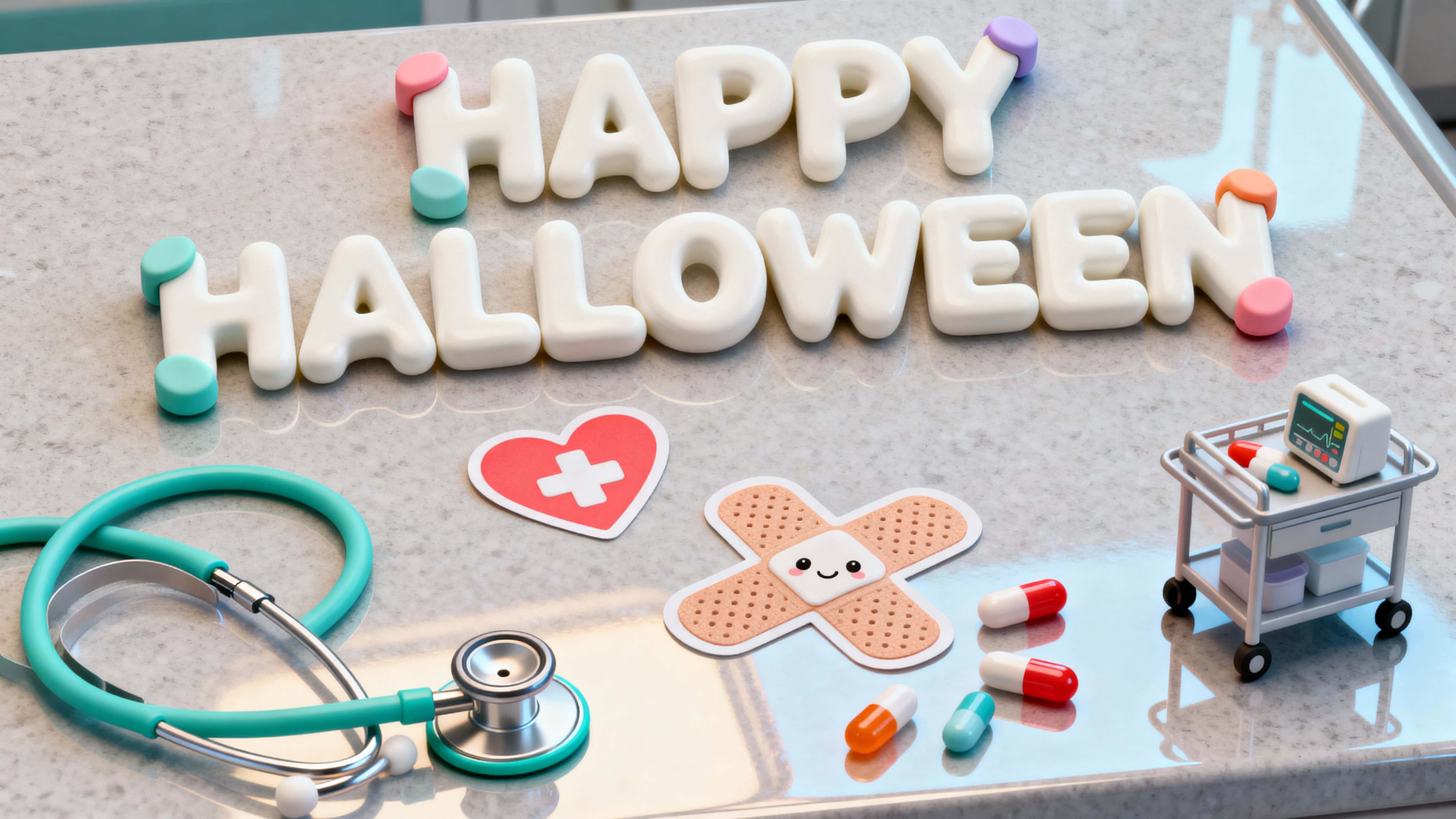 Full-frame 16:9 photo-quality 3D render of a white porcelain 'HAPPY HALLOWEEN' with pastel pink and mint bumpers, soft gray rubber corners, tiny medical props, teal rim and satin countertop reflections.
