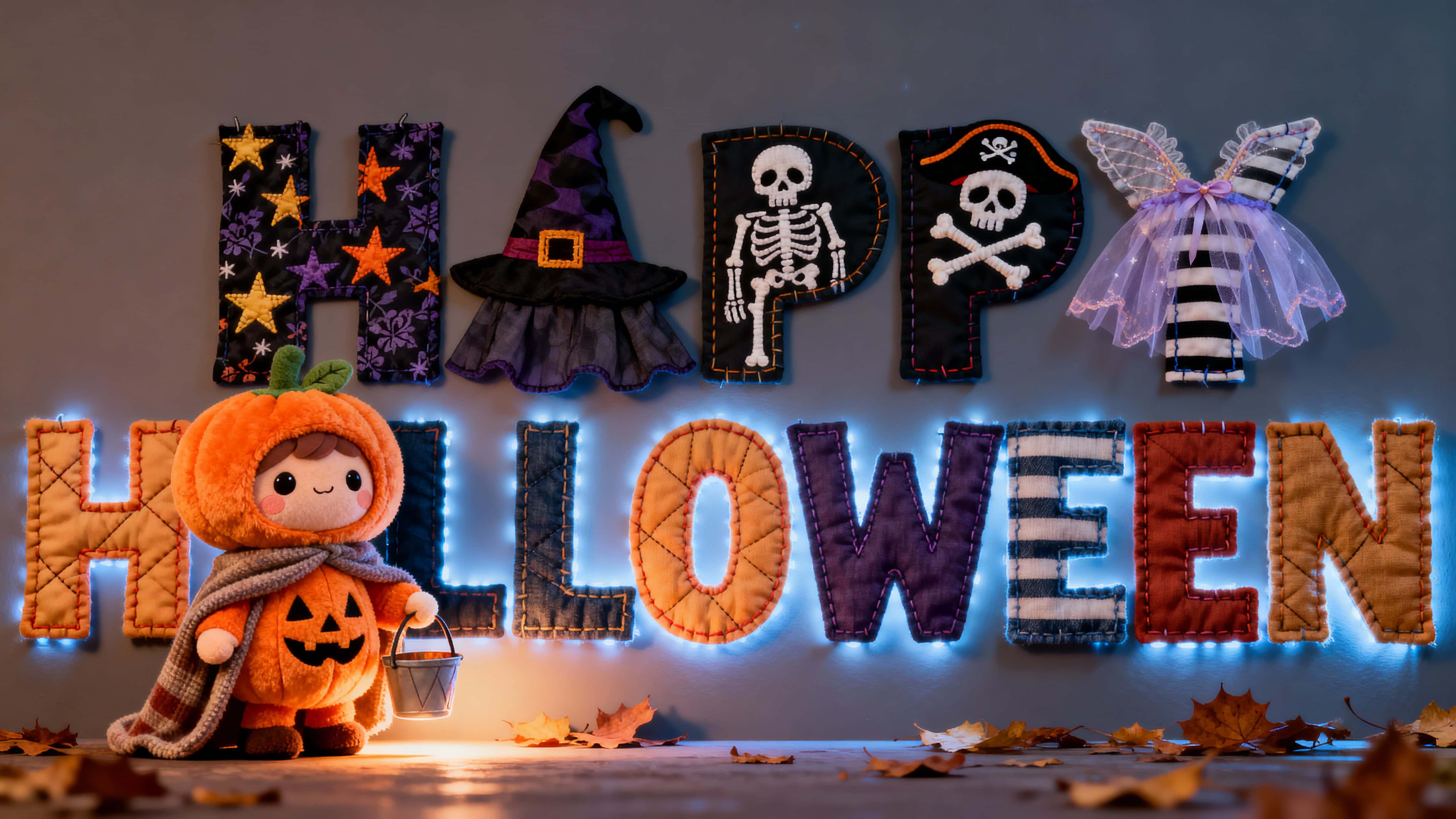 3D photo‑quality render of full‑frame HAPPY HALLOWEEN letters sewn from gold brocade, bone‑white skeleton print, pirate black stripes and tulle, quilted with visible stitches; a plush pumpkin child (#FF6B35) stands front‑left with a bucket,