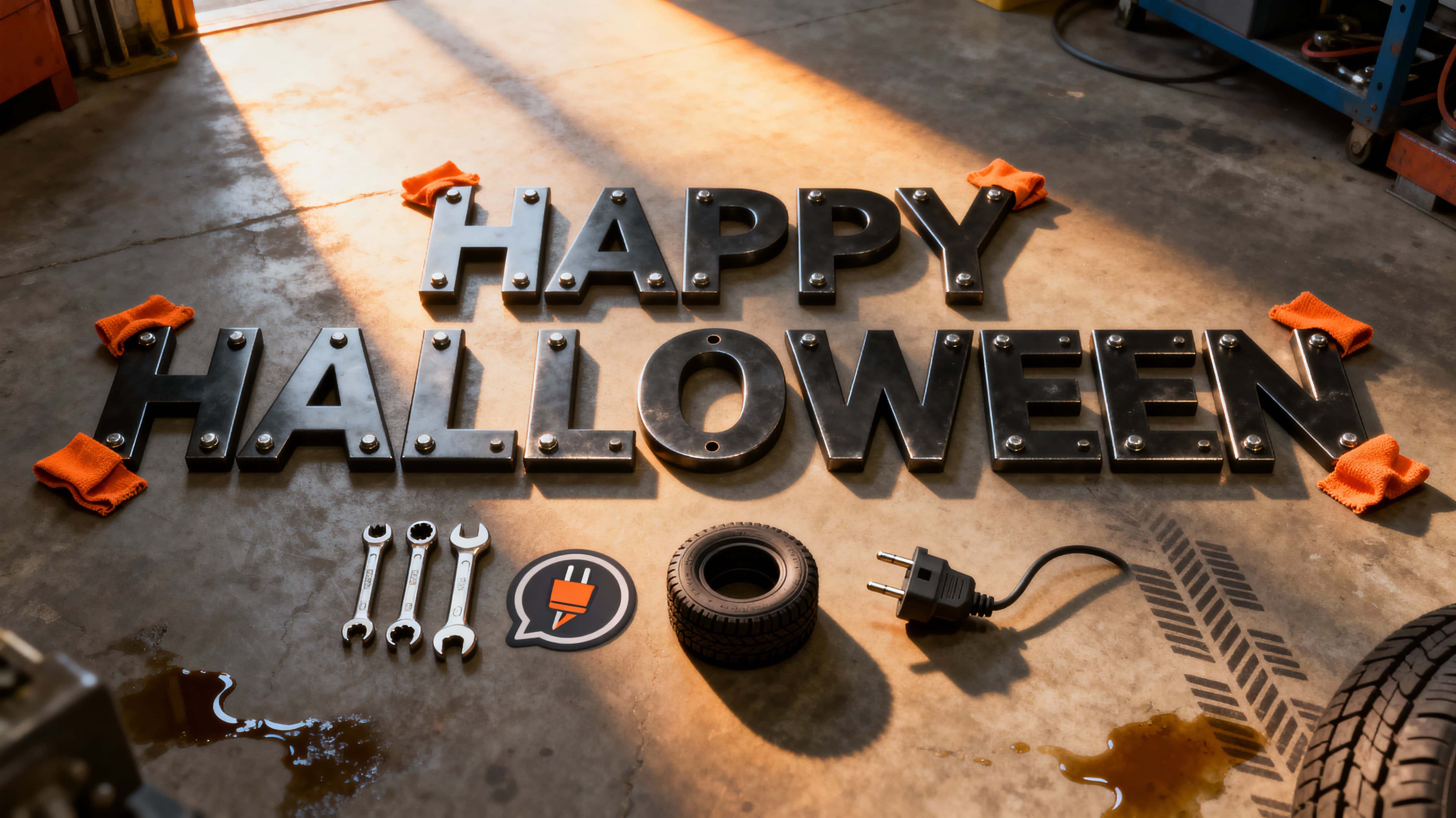 Photo-quality 3D render of “HAPPY HALLOWEEN” assembled from satin-black steel (#0a0a0a) plates with stitched bolts and orange shop-rag wraps (#e25822); warm amber light (#b36b00) grazes steel gray surfaces (#9aa1a6) and an oily brown floor