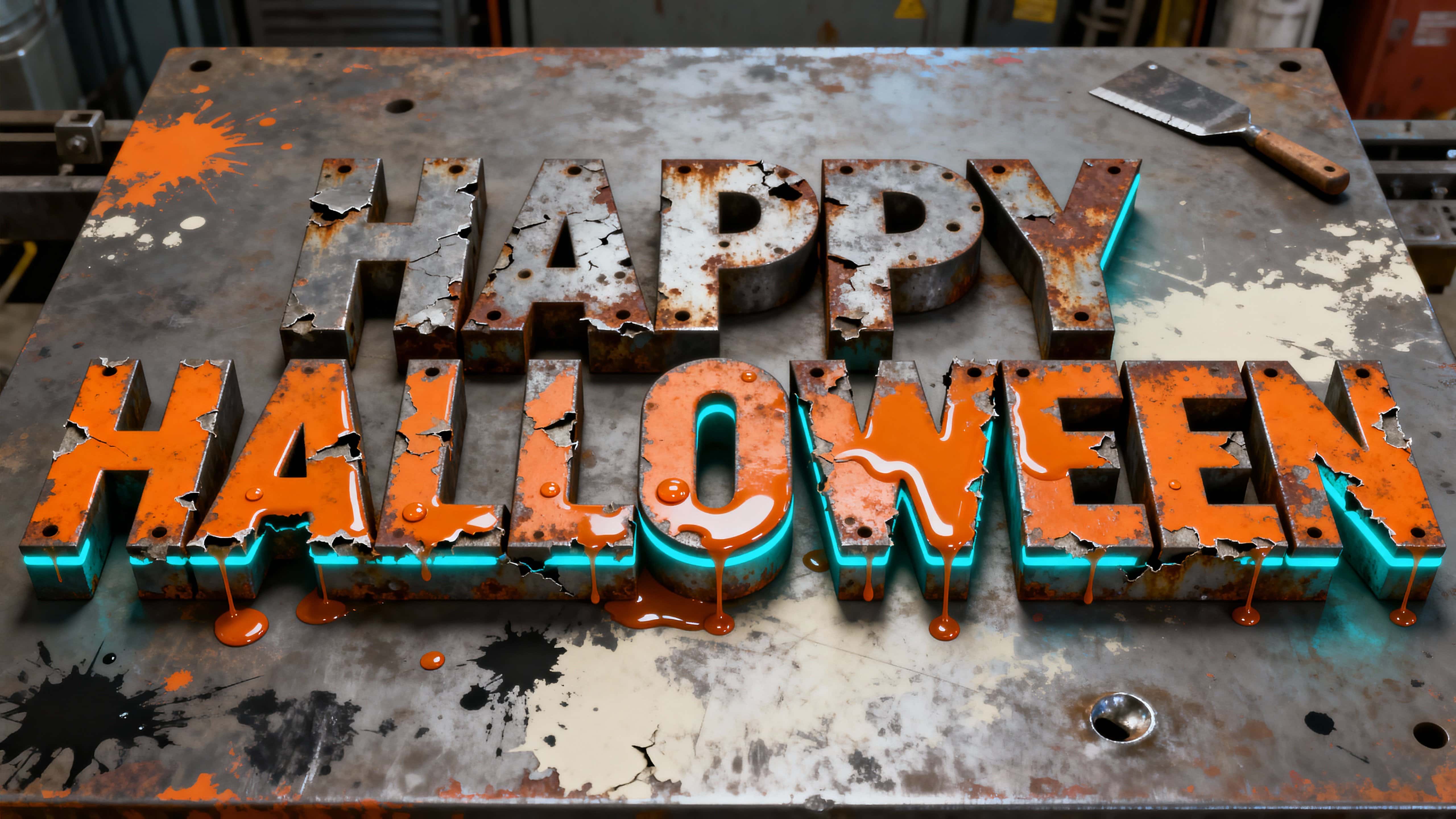 Full-frame 16:9 render of a corroded steel 'HAPPY HALLOWEEN' cut from plates, glossy safety-orange enamel drips, pitted metal and cyan edge catch on an industrial workbench scene.