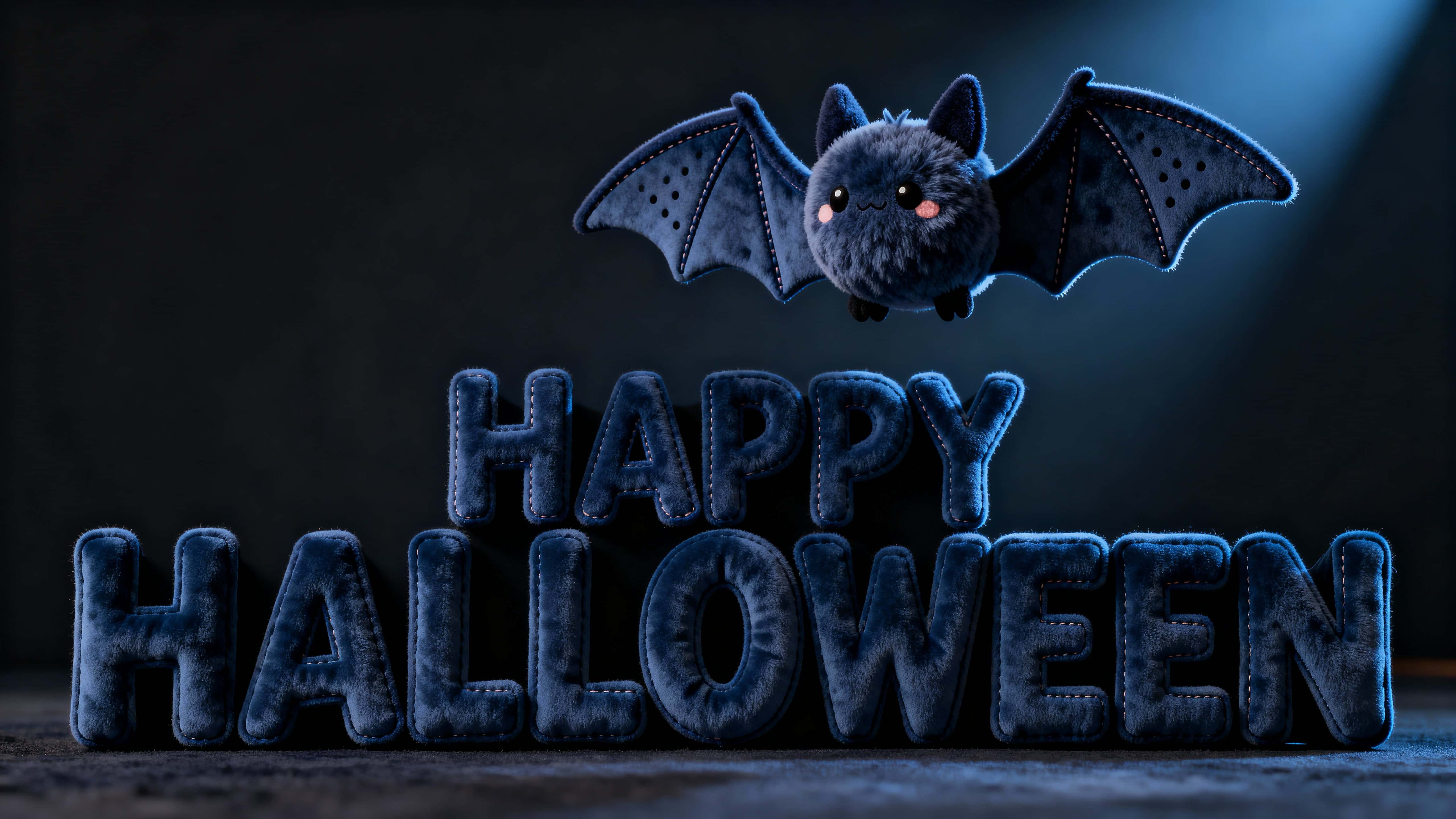Photo-real 3D 16:9 render of full-frame HAPPY HALLOWEEN in matte night-sky suede with stitched wing seams and perforations; a felt-minky bat hovers above, cyan rim light and soft charcoal fill in a dark studio.
