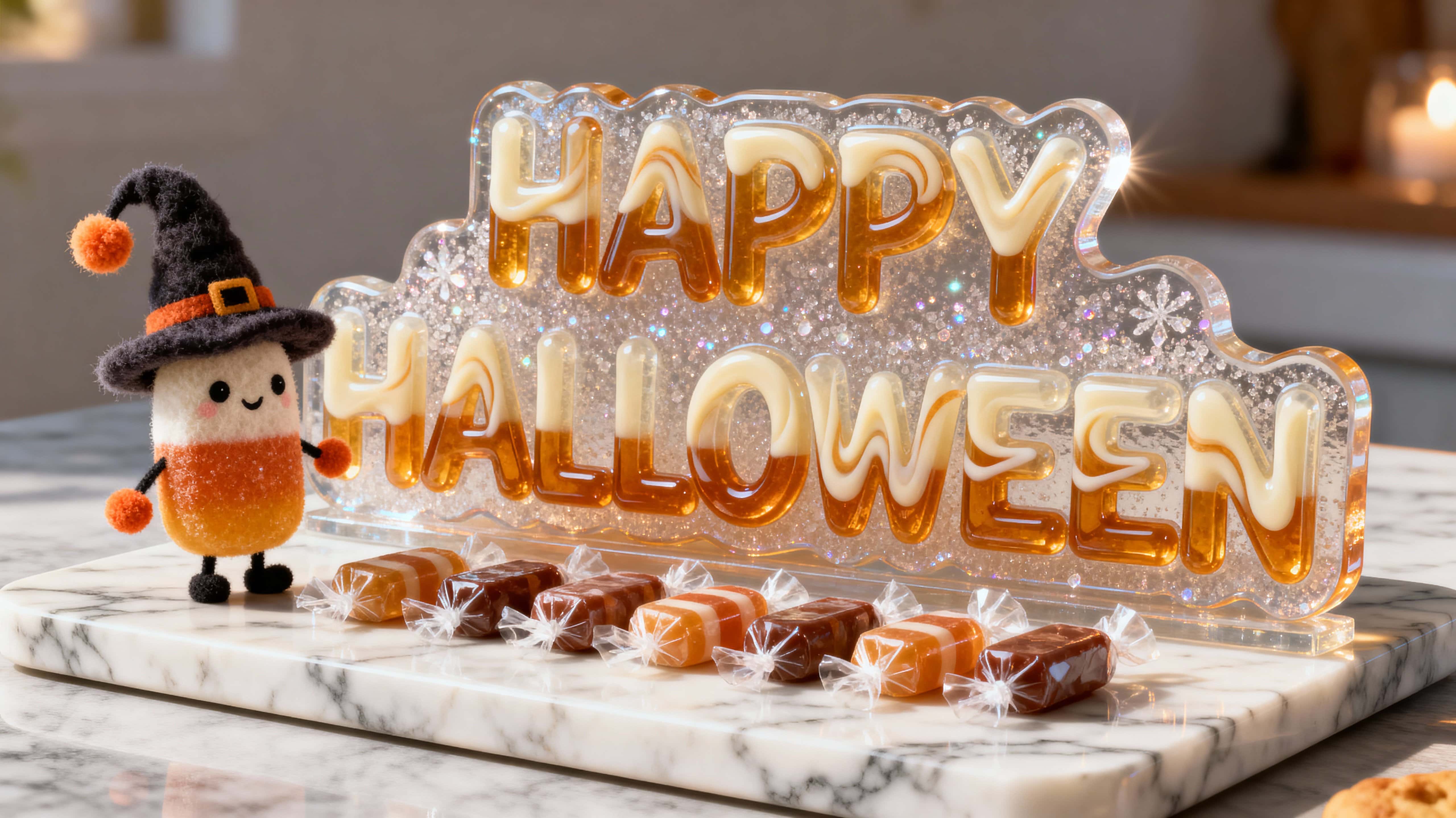 A photo‑quality 3D render of translucent sugar‑glass “HAPPY HALLOWEEN” letters with amber and cream swirls and soft pink accents, fine sugar‑crystal sparkle, a chenille candy‑witch with pom‑pom accents to the left beside neat rows ofWrapped