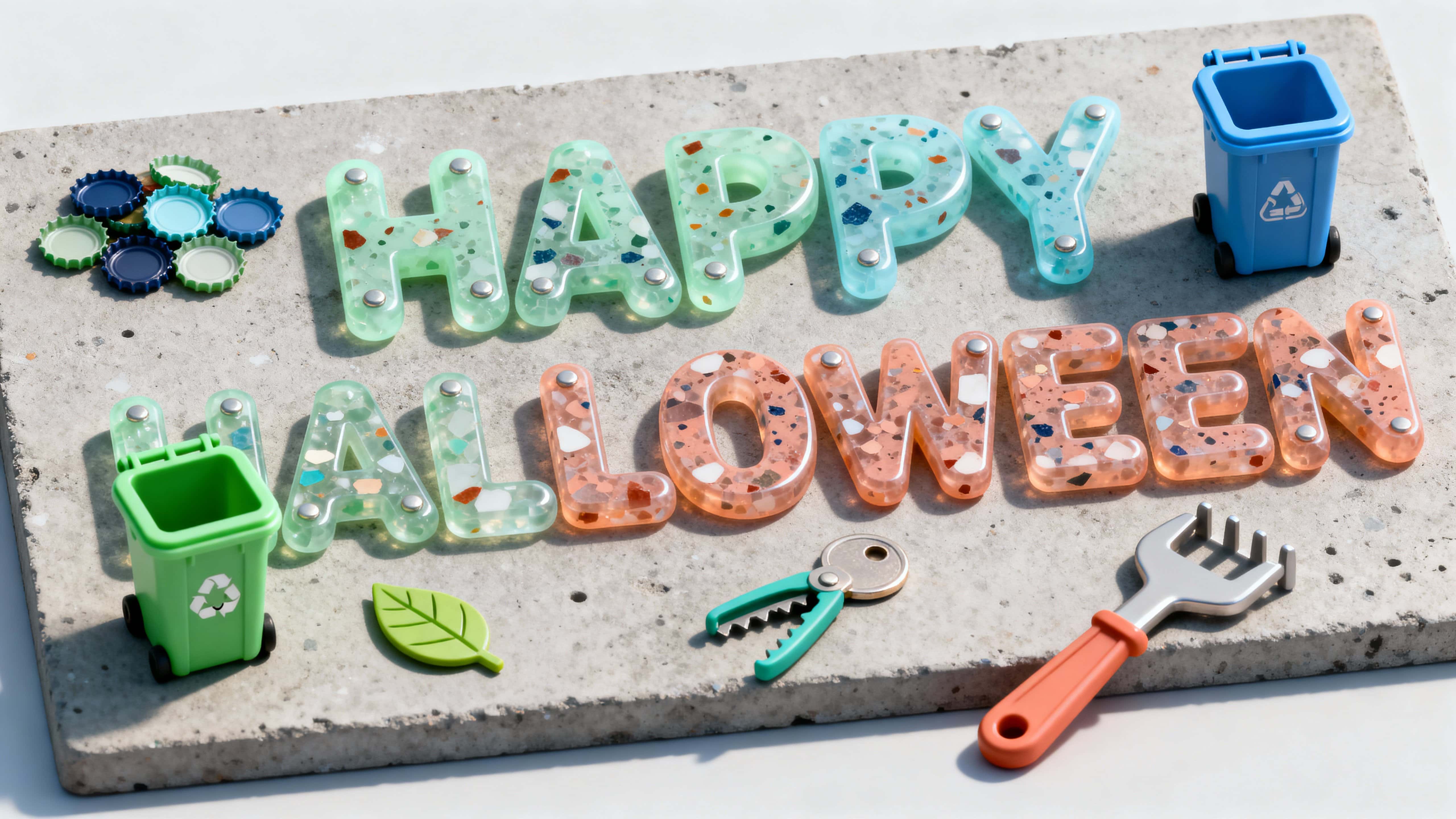Full-frame 16:9 view of “HAPPY HALLOWEEN” formed from recycled-plastic terrazzo with multicolor flakes in translucent resin and rounded child-safe edges, framed on a concrete pad with green and blue mini bins, bottle-cap clusters, a tiny-gr