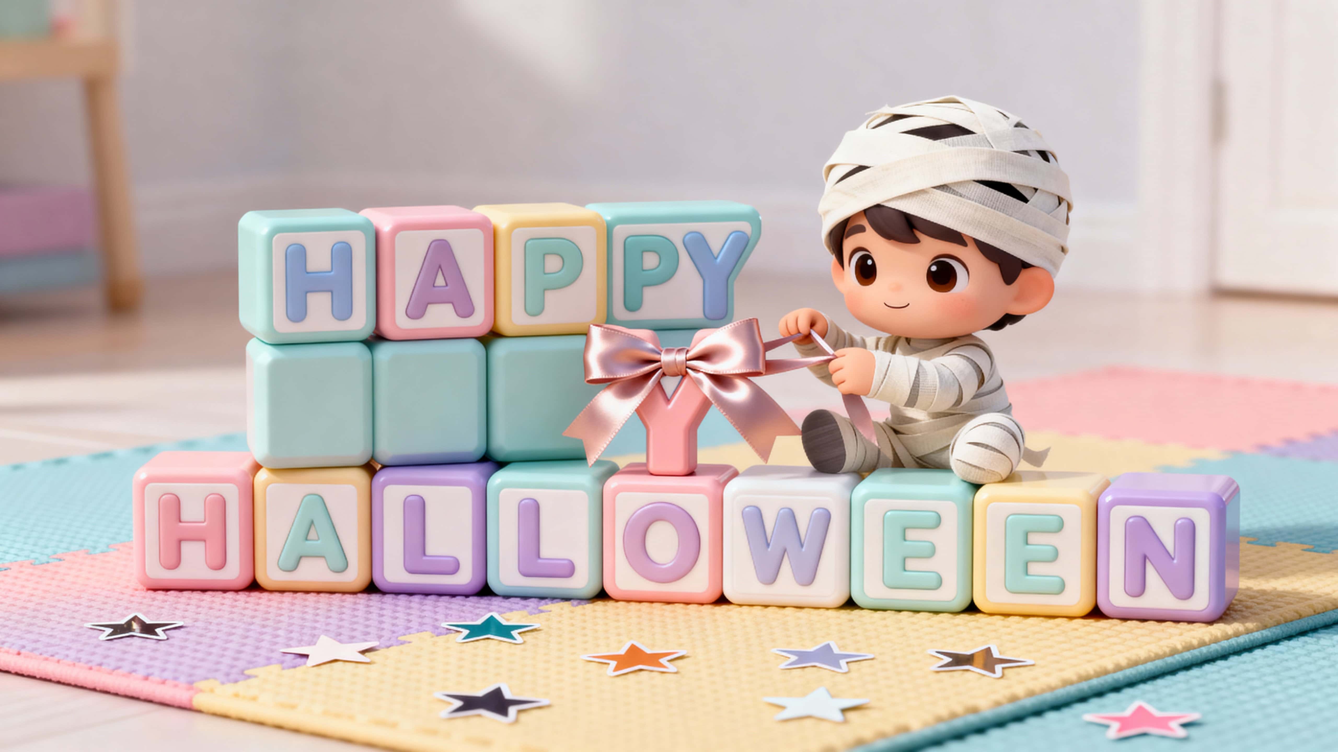 Full-frame 16:9 photo-quality 3D render of HAPPY HALLOWEEN in oversized pastel toy blocks with soft bevels; a friendly mummy ties a satin bow on the Y, playmat texture and sticker stars at the baseline, palette #FFD1DC #C6F6E2 #F6E7FF #FFF5