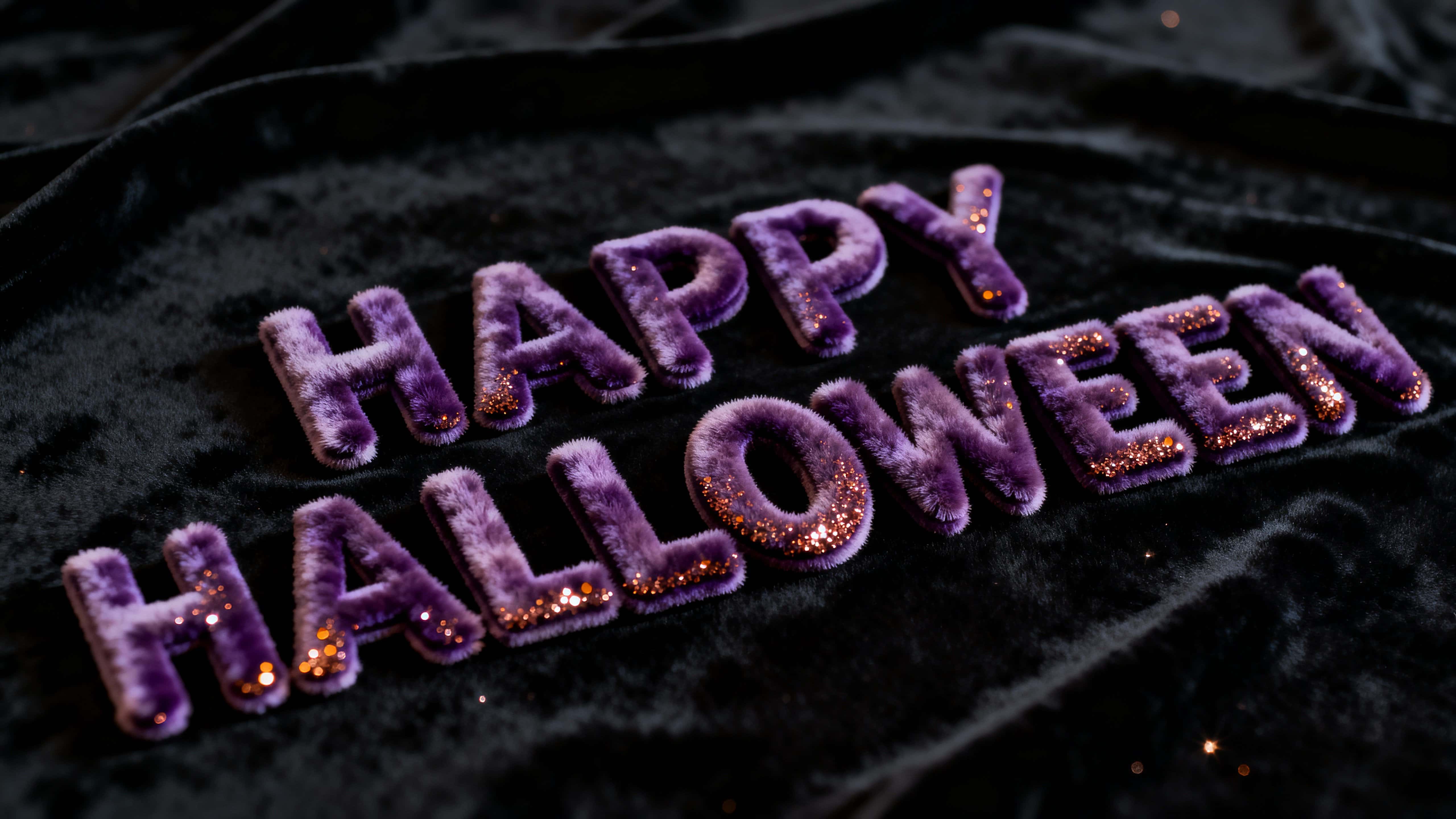 Close-up 16:9 render of extruded velvet letters reading "HAPPY HALLOWEEN" in deep violet pile, edges dusted with copper glitter and a black velvet backdrop for luxe tone-on-tone mood.