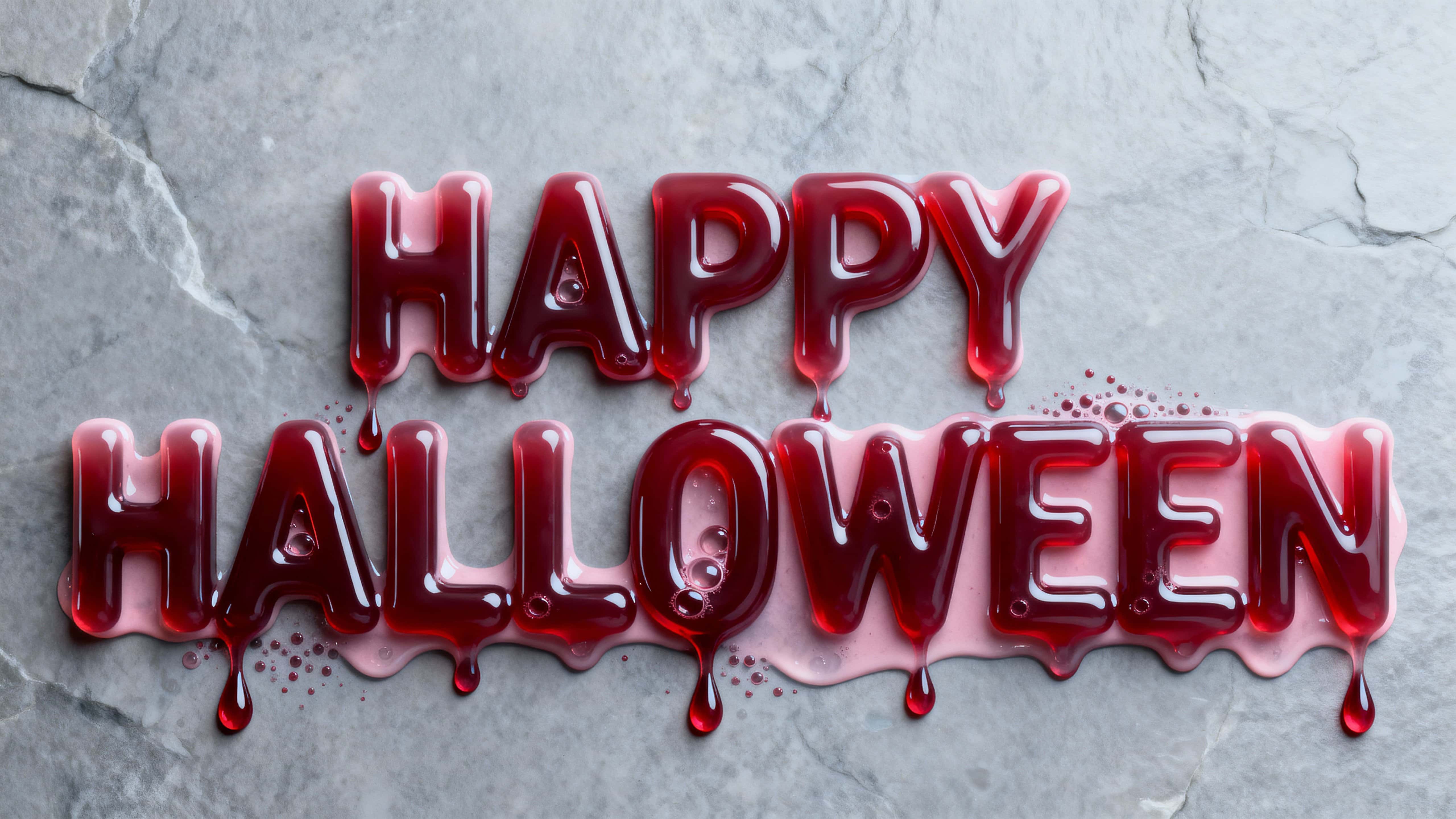Full-frame 3D render of extruded typography reading "HAPPY HALLOWEEN" in viscous blood-gel, glossy menisci and micro‑bubbles, slow tear-shaped drips, cool stone background, clinical mood.
