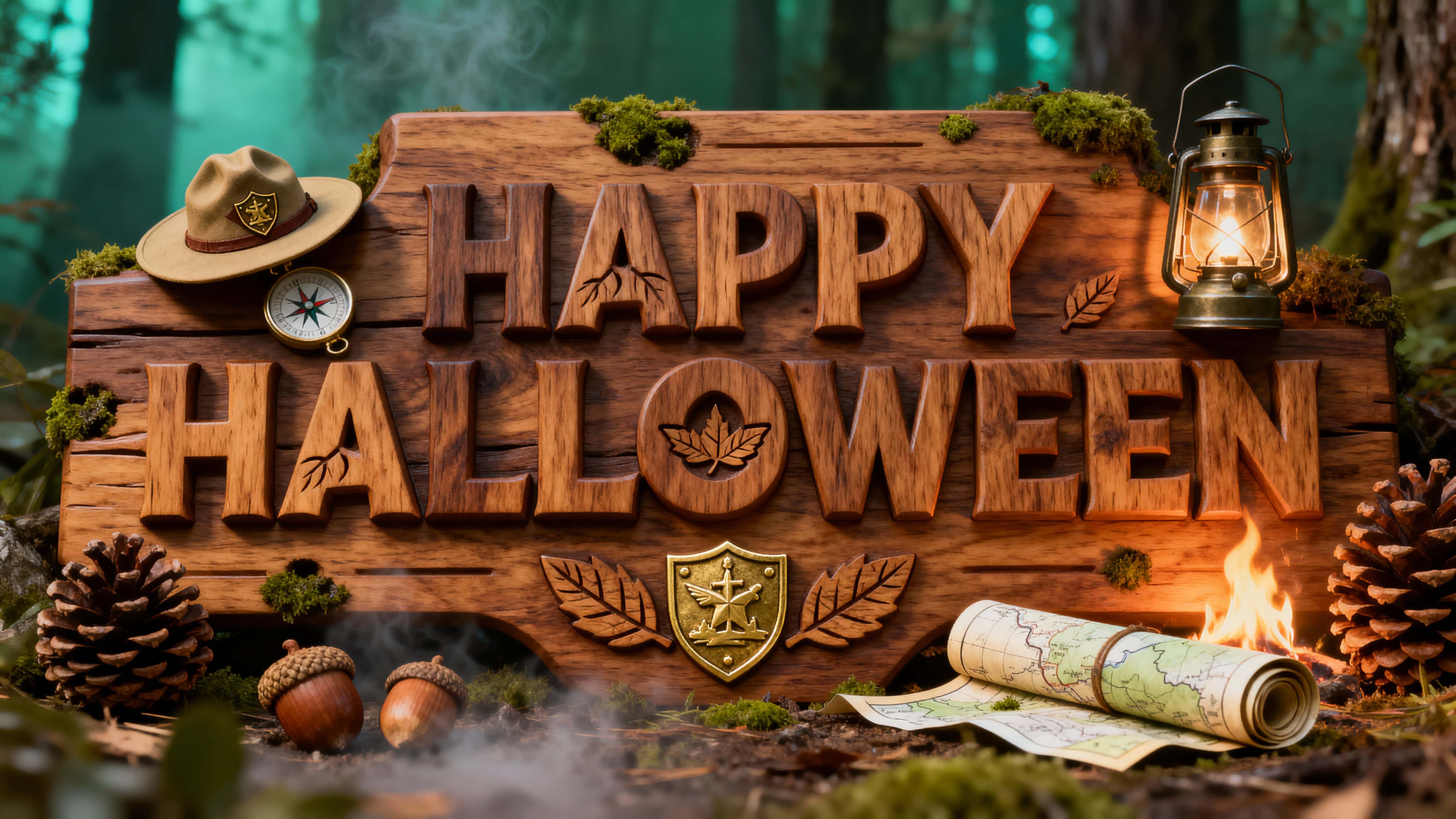 Full-frame 16:9 view of “HAPPY HALLOWEEN” carved in warm walnut with brass badge inlays and leaf-vein engraving, tiny ranger hat, compass, lantern, rolled map and pinecones, bathed in soft campfire glow with cool forest rim, faint ground-fg