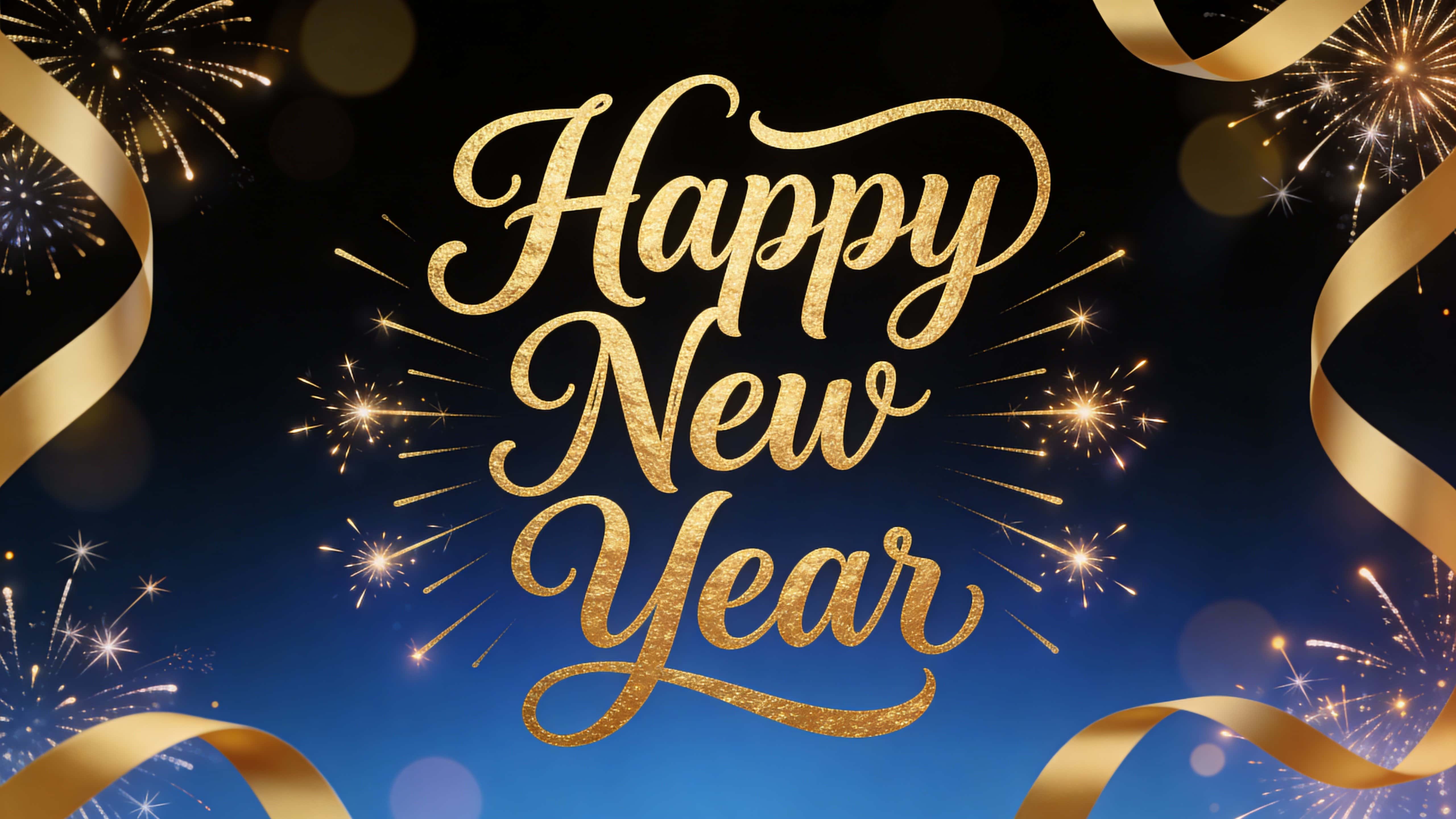 Digital celebratory background: vertical gold calligraphy reading “Happy New Year” on a smooth black-to-deep-blue gradient with luminous bokeh and subtle fireworks, formal mood.