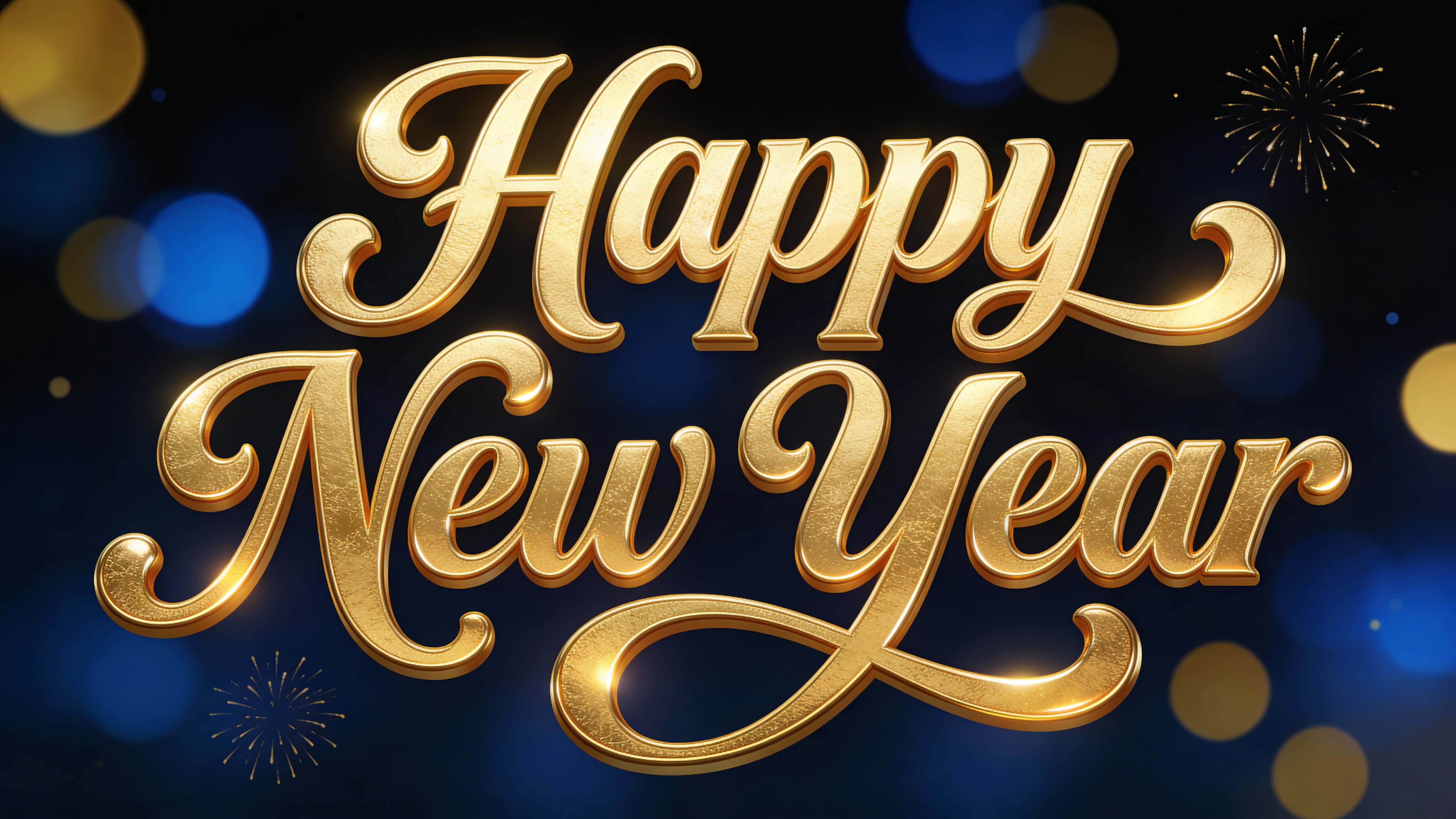 'Happy New Year' rendered in ornate embossed golden script with glossy curved edges and swirling flourishes on a dark night background with blue and gold bokeh and subtle fireworks accents.