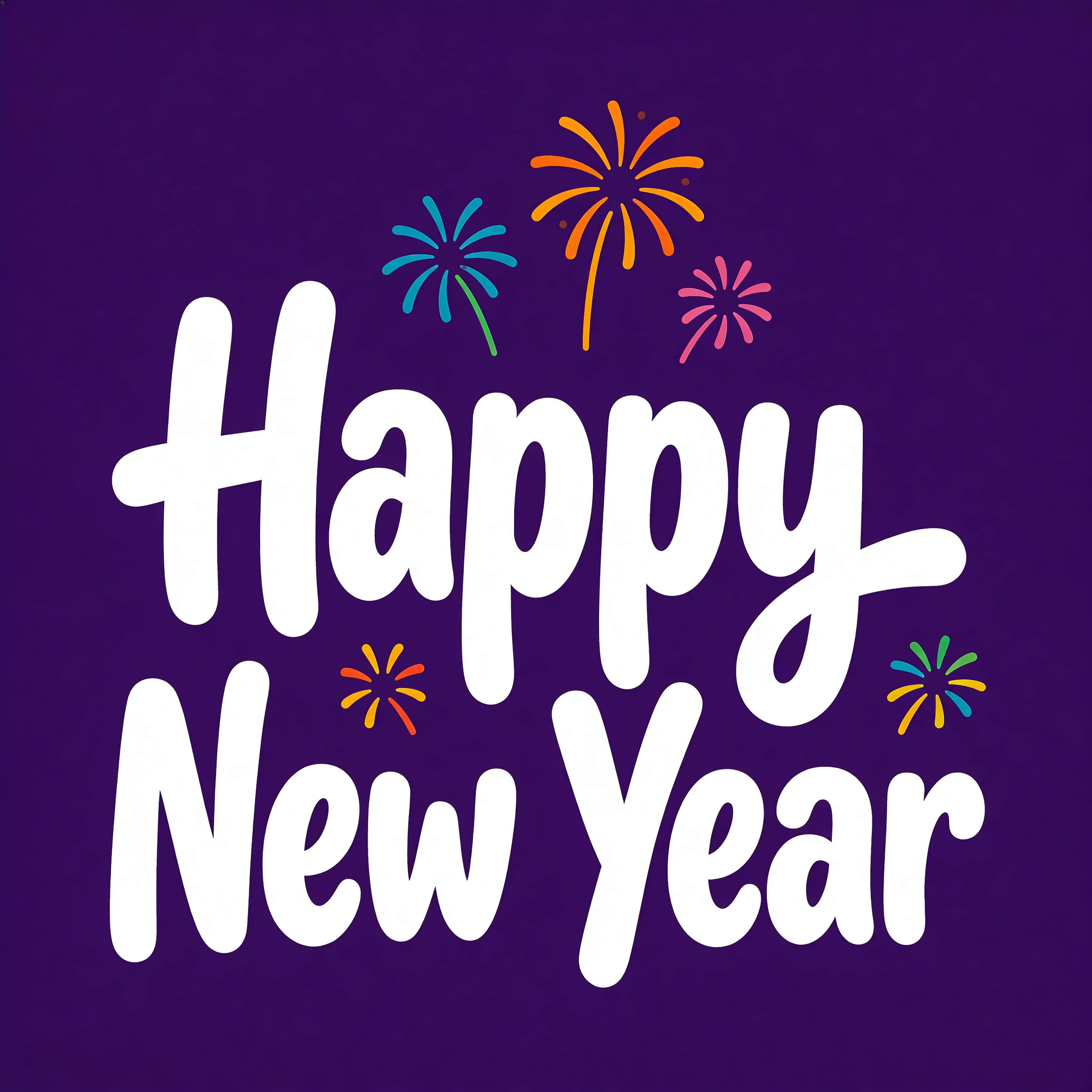 Bold white hand-lettered "Happy New Year" centered on a deep purple square canvas, rounded friendly lettering with colorful flat firework icons scattered as simple decorative accents.
