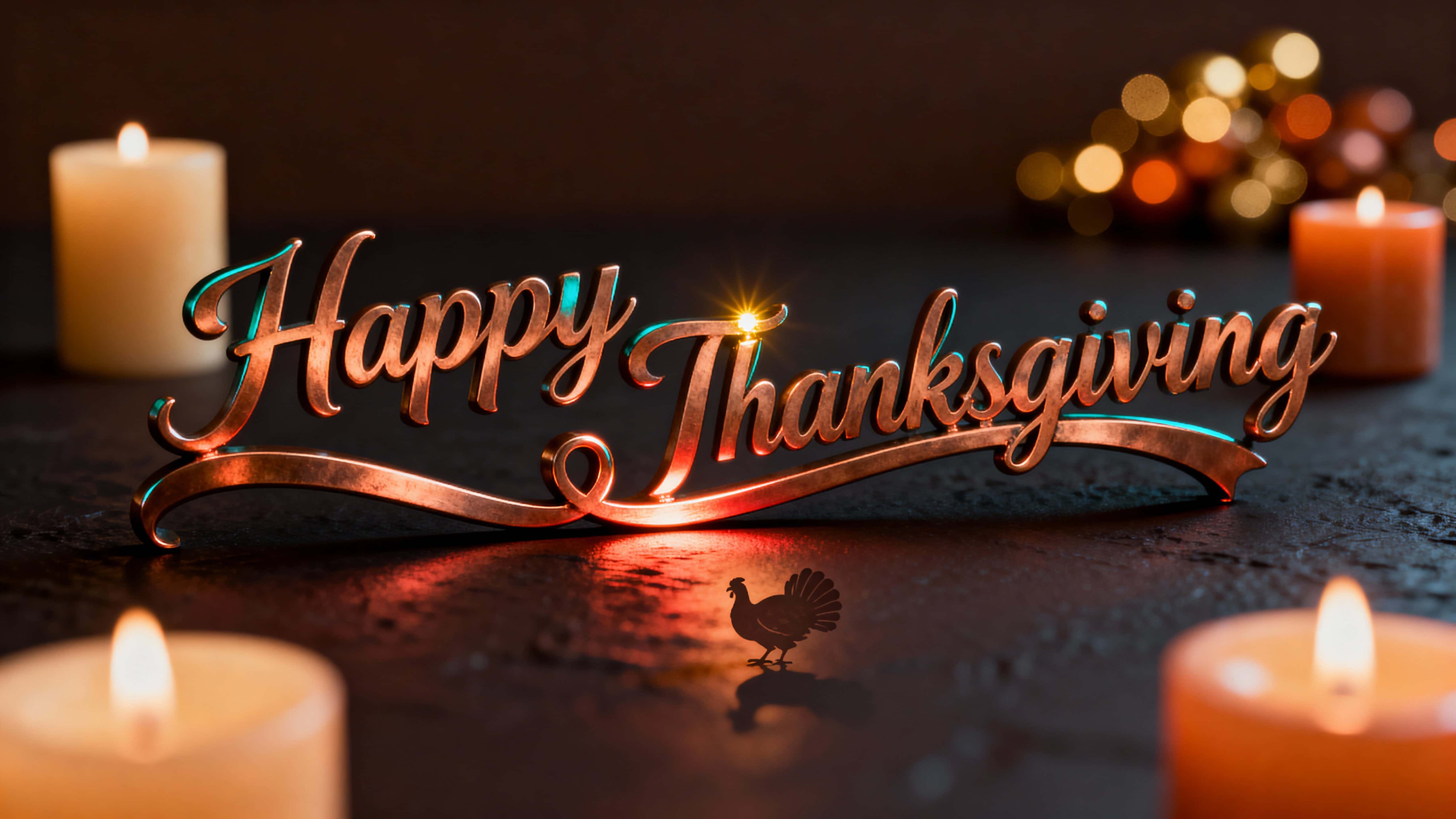 Elegant 3D "Happy Thanksgiving" brushed-copper script arcs across a dark chocolate-to-black background with warm candlelit bokeh, crisp foreground detail, subtle teal reflections, and a tiny turkey reflection.